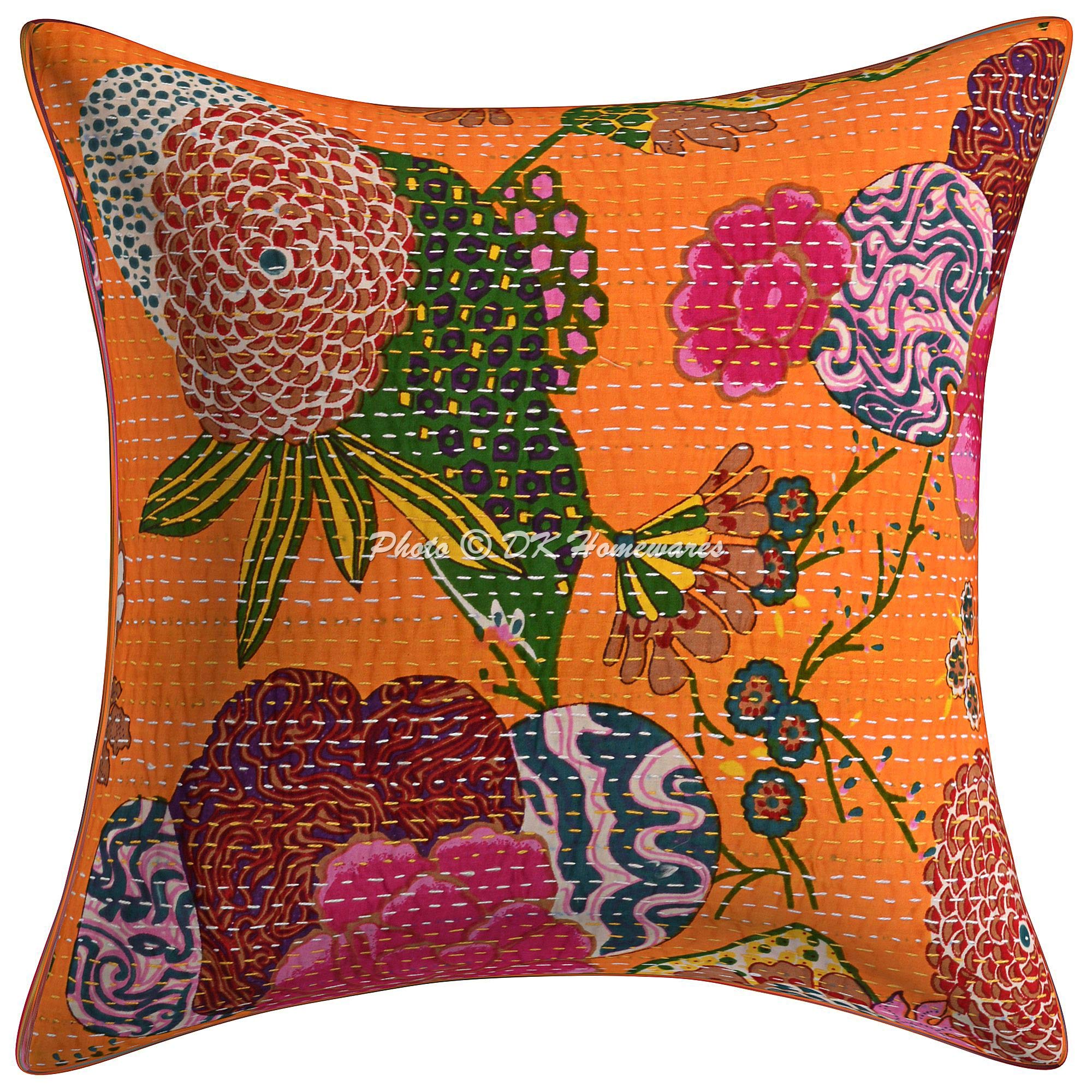 DK Homewares Set 2 Federe Cuscino Kantha 40x40 Cm - Cotone Tradizionale Con Ricamo Paisley - Colore Mango Giallo - Solo Copertura