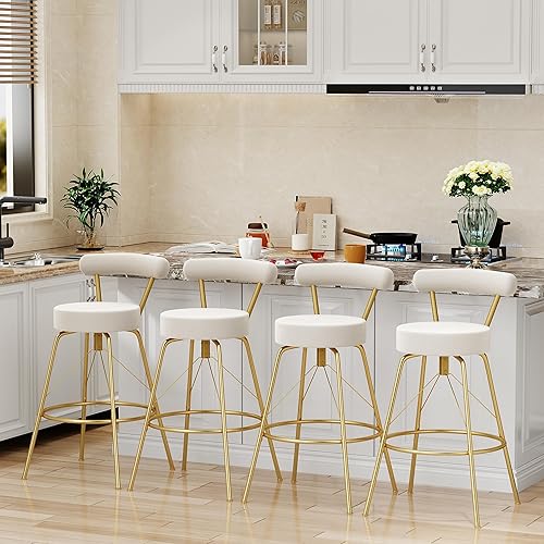 Miniatura 7 de Aklaus Juego de 2 taburetes de bar de Velevt de 26 pulgadas con asiento redondo más grande, taburetes de bar dorados con respaldo, taburetes de bar