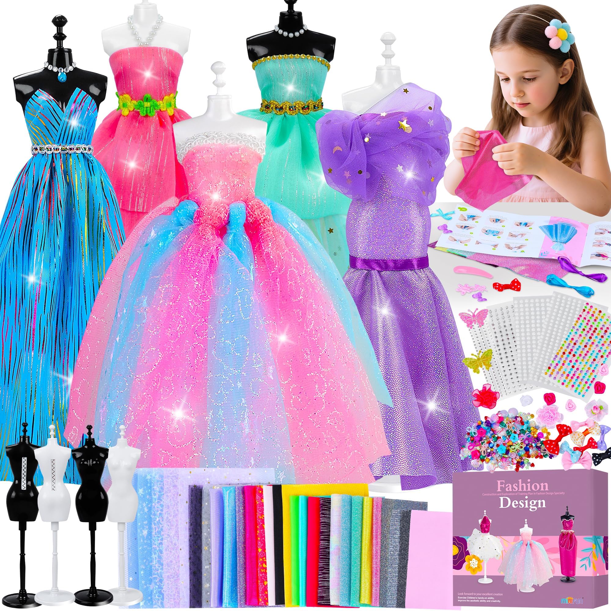 MINIFUN 800+Pcs Fashion Designer Kit for Girls, Sewing Kit with 4 Mannequins, DIY Arts and Crafts Kit for Kids, Doll Clothes Making Kit, Girl Toys for Age 6 7 8 9 10 11 12 Year Old Gifts