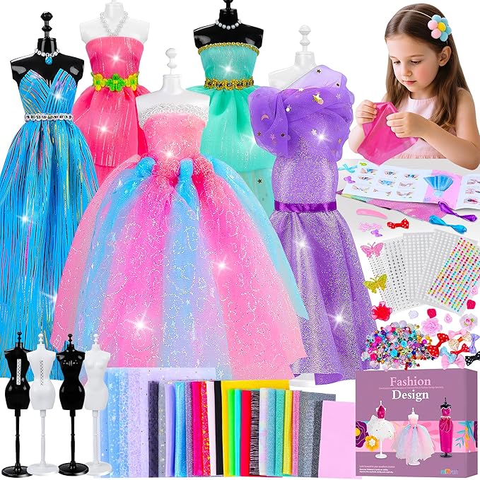 800+Pcs Fashion Designer Kit for Girls, Sewing Kit with 4 Mannequins, DIY Arts and Crafts Kit for Kids