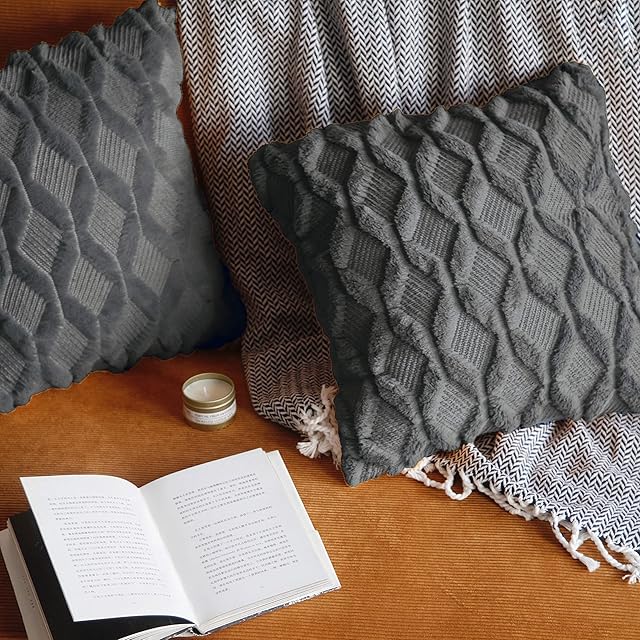 Pagnanno. Set of 2 Soft Velvet Cushion Covers 45x45cm(18x18 Inches) Fluff Throw Pillowcases Square Cushion Covers for Chairs,living room,bedroom with Invisible Zipper (18"x18" (Pack of 2), Dark Grey)