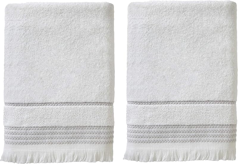 Casual Fringe Bath Towel Set, 2pc, Premium 100% Cotton, White | 600 GSM weight. Spa-level quality. Soft & absorbent terry with fringed hem.