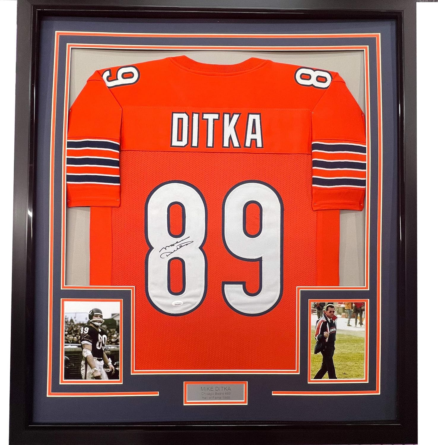 Framed Autographed/Signed Mike Ditka 33x42 Chicago Orange Football Jersey JSA COA