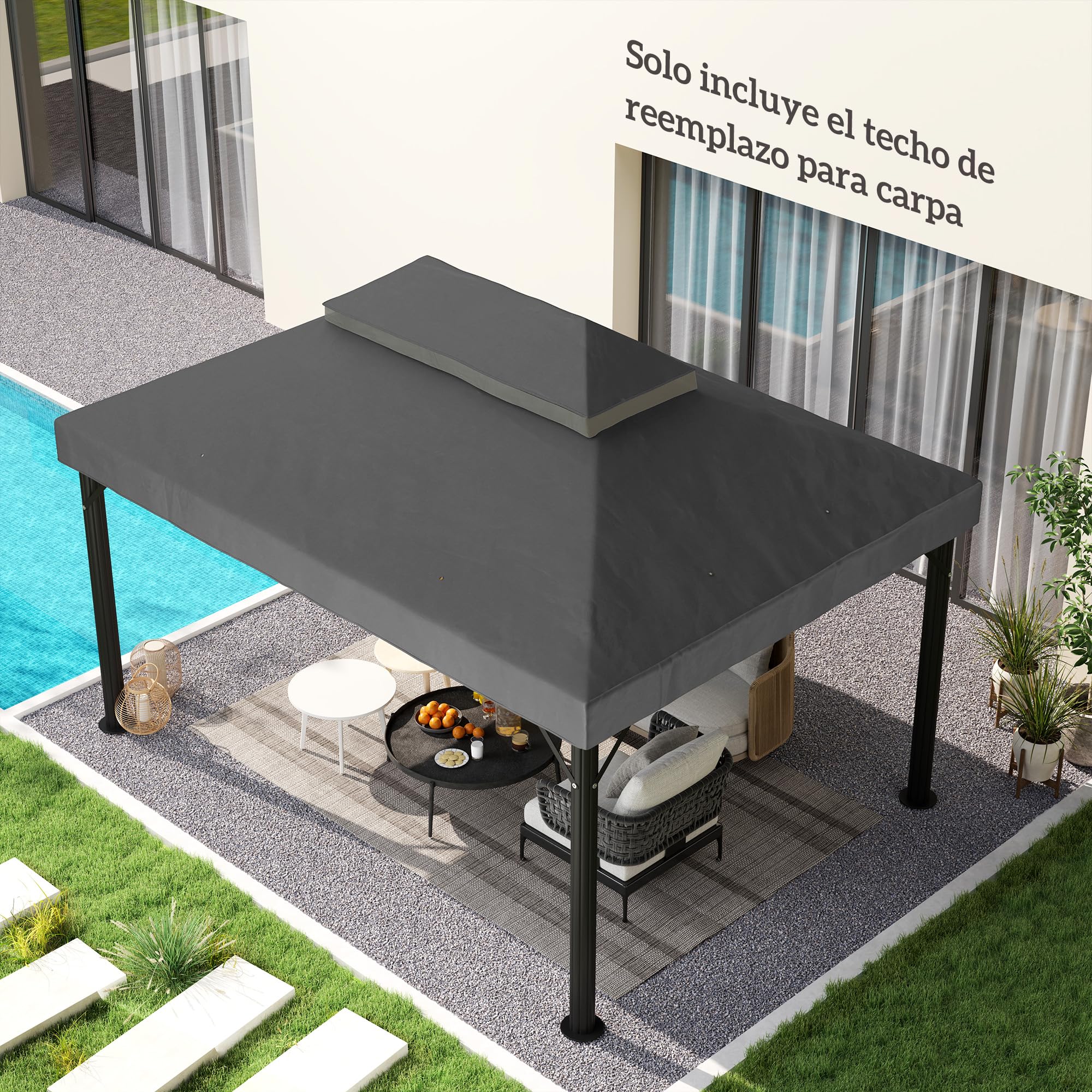 Outsunny Techo de Repuesto para Cenador, 4x3 m, Cubierta de Repuesto con Techo Doble, Orificios de Drenaje y UPF30+, Tela Oxford 600D Impermeable, Solo Toldo de Recambio para Pabellón Gazebo, Gris