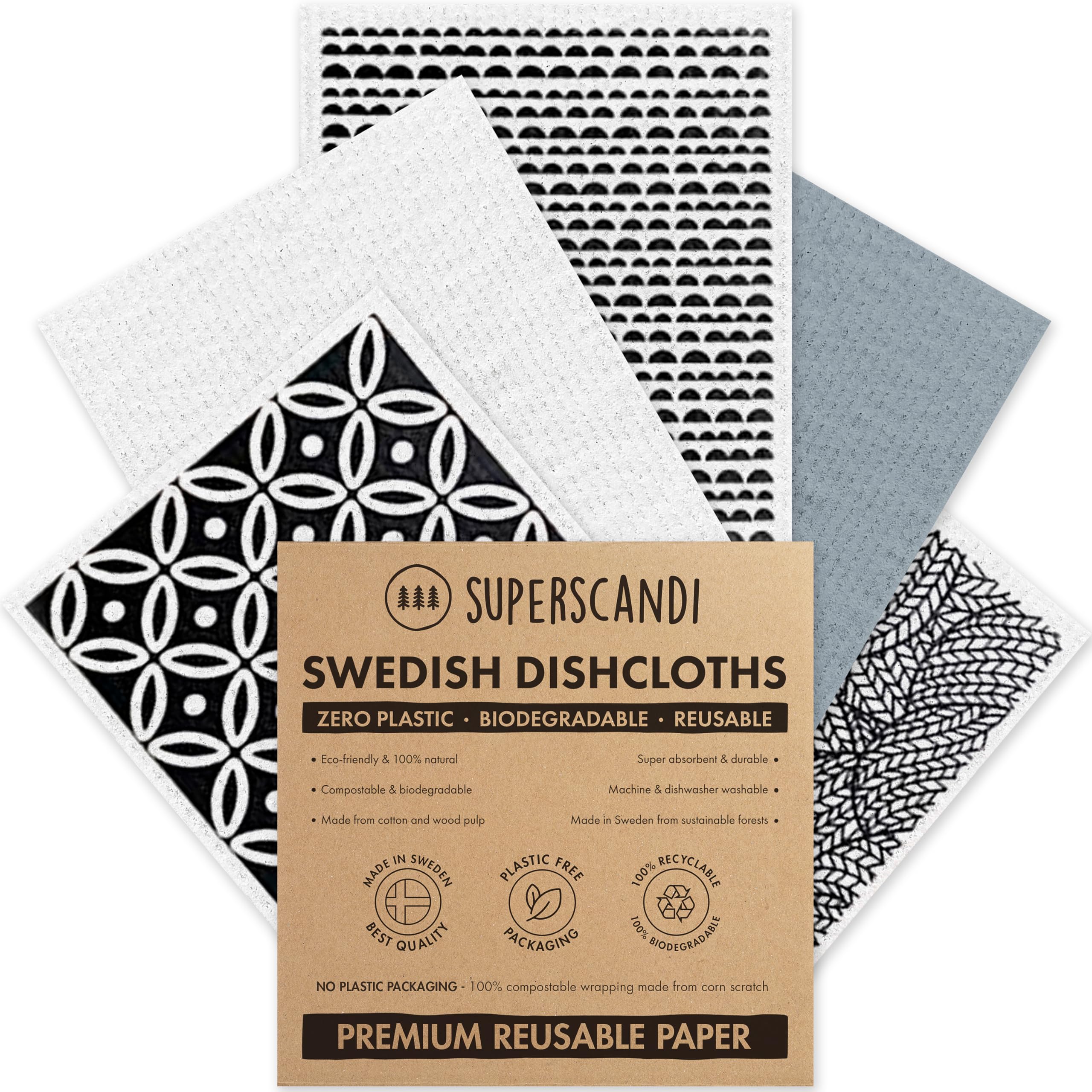 SUPERSCANDI 5 Pack Swedish Dishcloths for Kitchen - 100% Biodegradable & Compostable, Reusable Paper Towels Washable, Food-Safe & Without Plastic - Dish Rags Suitable for Any Surface, Scandi White