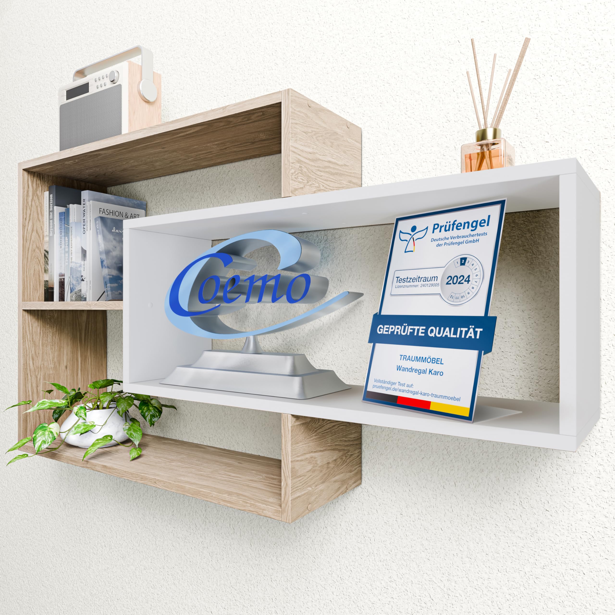 TRAUMMÖBEL Wandregal Karo Natur/Weiß Bücherregal Holz Hängeregal Schweberegal für Wohnzimmer, Schlafzimmer und Küche