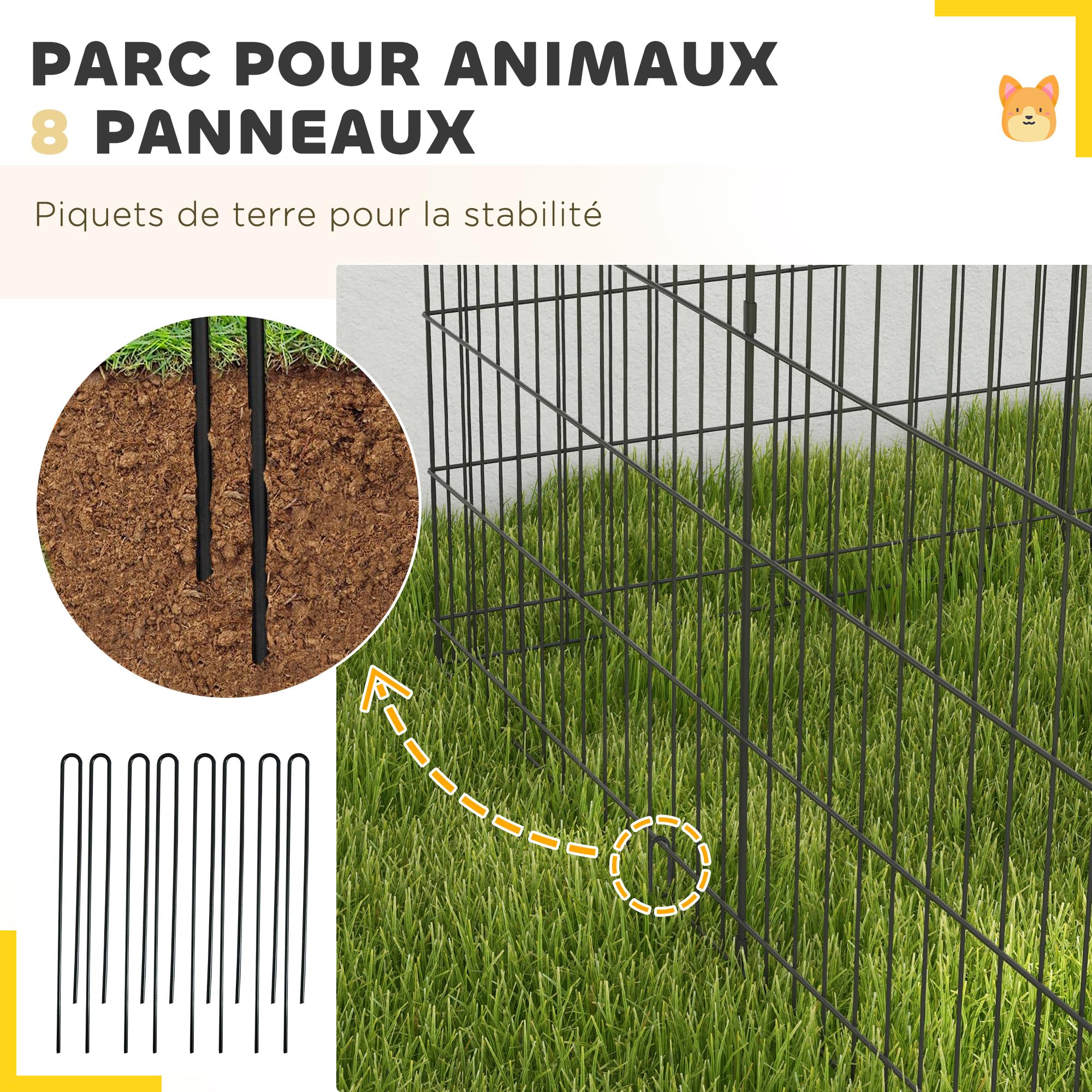 PawHut Parco recinto modulabile per Cani Conigli roditori Recinzione per Piccoli Animali Interni ed Esterni Pieghevole 1 Porta 8 Pannelli in Filo Metallico Porta bloccabile 61 x 91 cm Nero