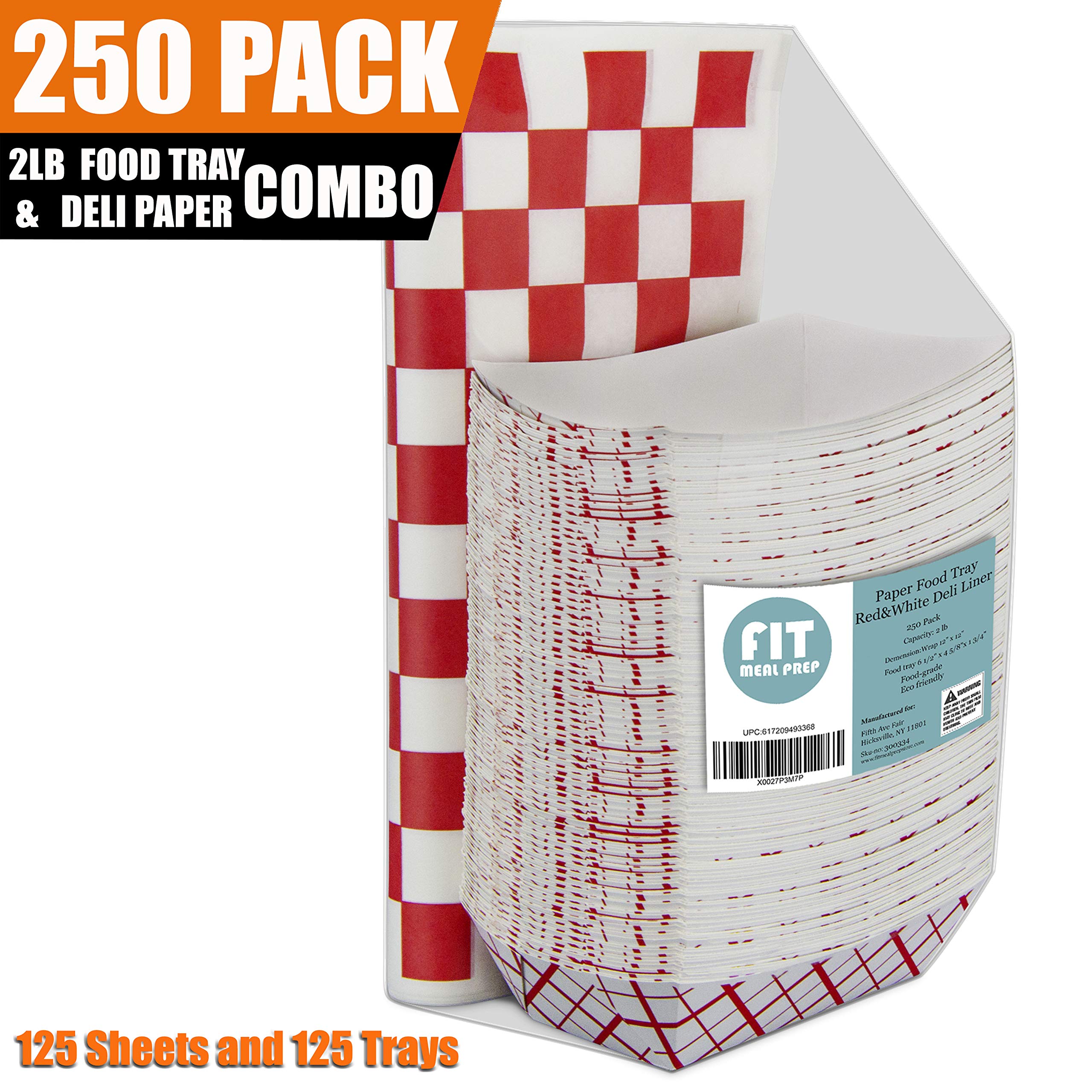 [125 Sheets and 125 Trays] Red and White Checkered 12x12 Inch Deli