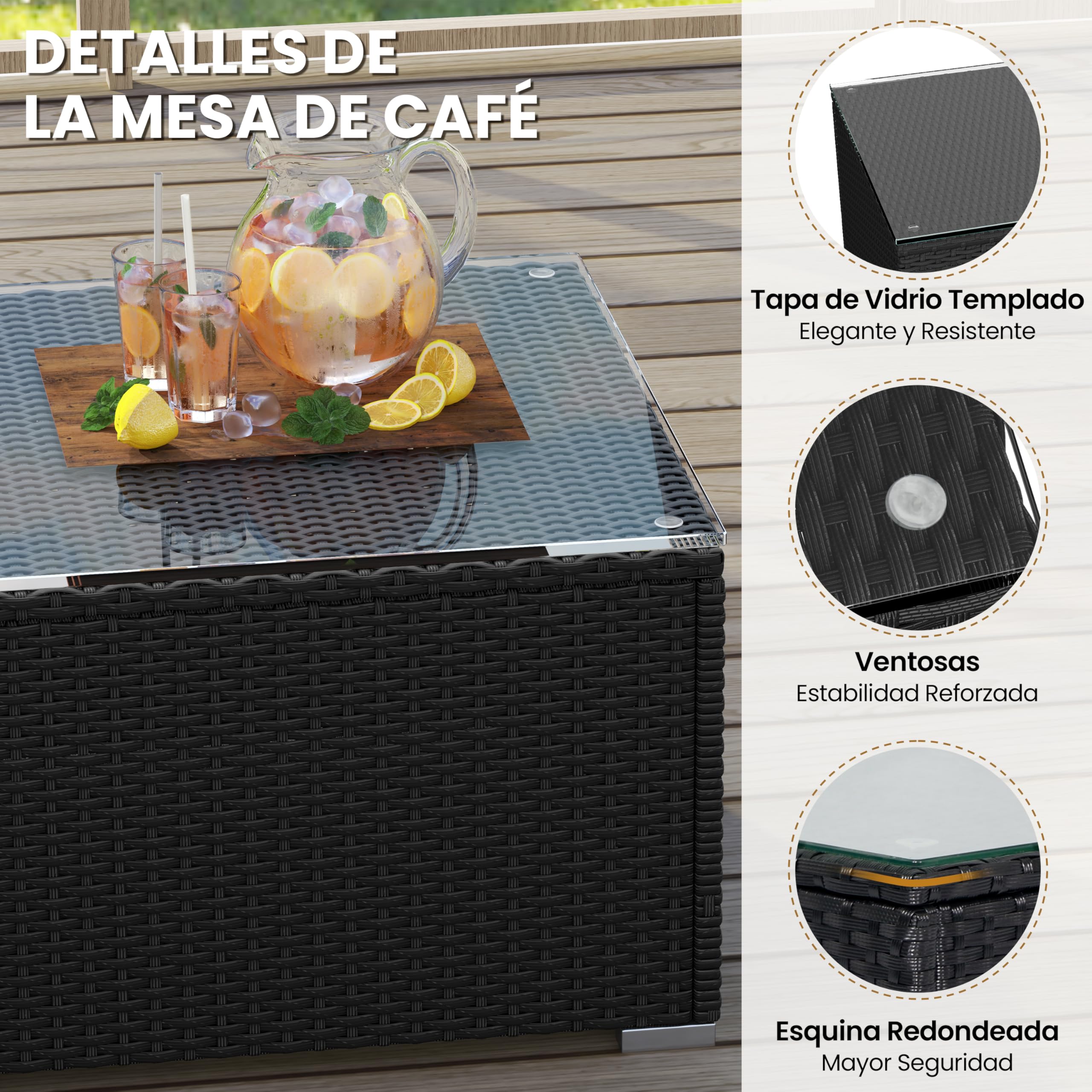 Yaheetech Conjunto de Muebles Ratán de Jardín 5 Piezas con Cojines, 3 Plazas Sofá 1 Taburete y 1 Mesa de Café de Cristal (Negro/Beige)