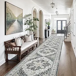 Madane Hallway Runner Rug 3x16 - Vintage Non Slip Washable 16ft Kitchen Runner for Entrance Soft Long Carpet Runners for Living Room Bathroom Low Pile Floor Mat for Bedroom Dining Room, Black