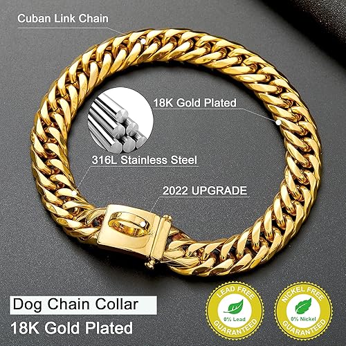 Miniatura 3 de Collar de perro con cadena de oro de 0.630 in, collar de perro de eslabones cubanos de oro de 18 quilates con hebilla de cierre seguro, cadena