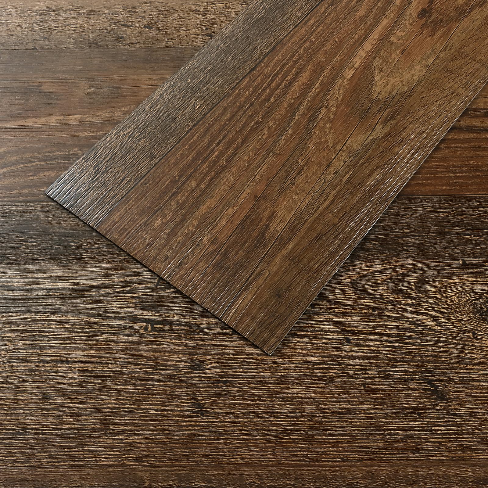 VEELIKE Azulejos de vinilo de roble autoadhesivo impermeable de color marrón quemado, paquete de 16 unidades de 24 pies cuadrados, suelo de vinilo laminado de madera para cocina, baño, dormitorio