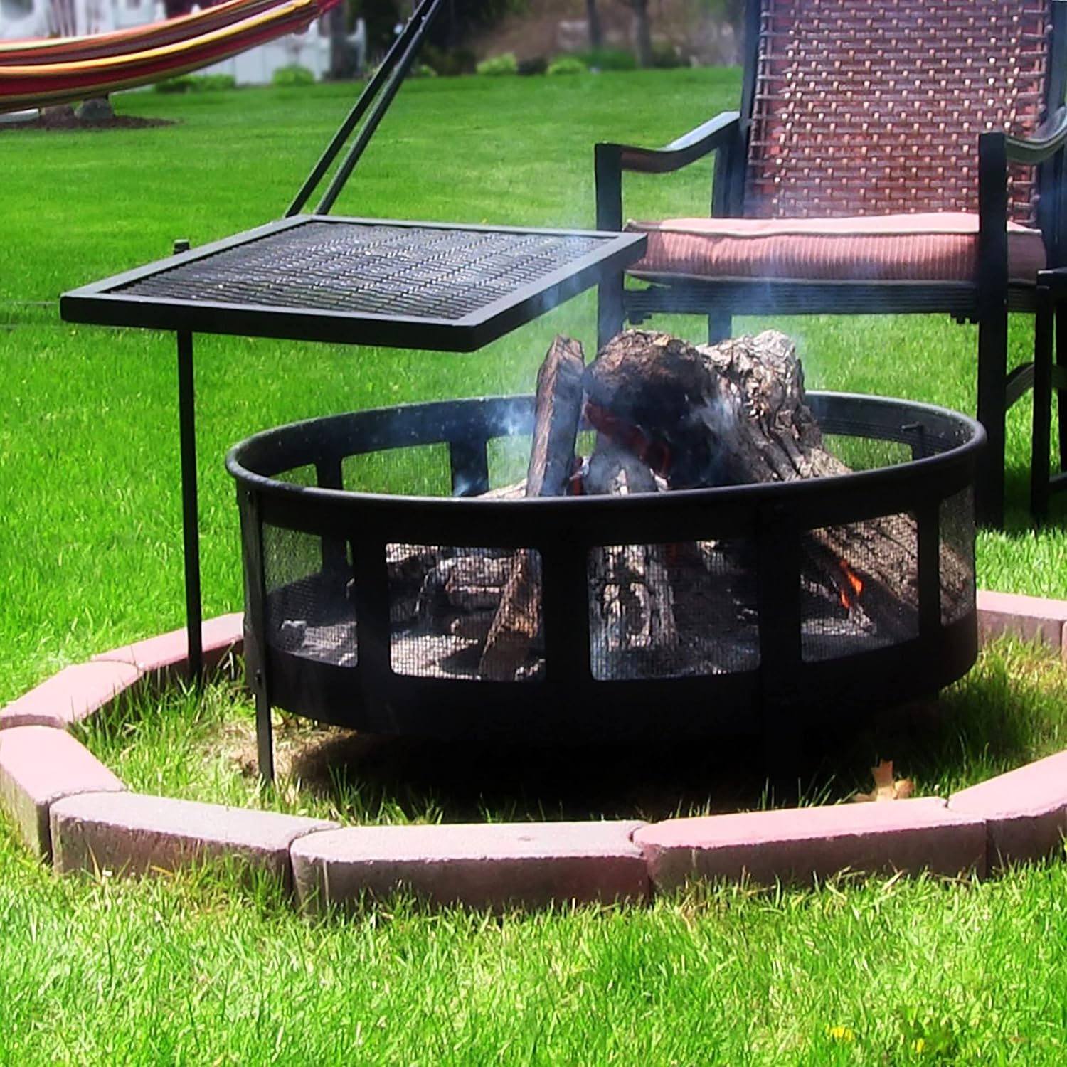 Sunnydaze Rotating Rectangle Fire Pit Cooking Grate Grilling System - Black Steel Pole and Grill - 24-Inch