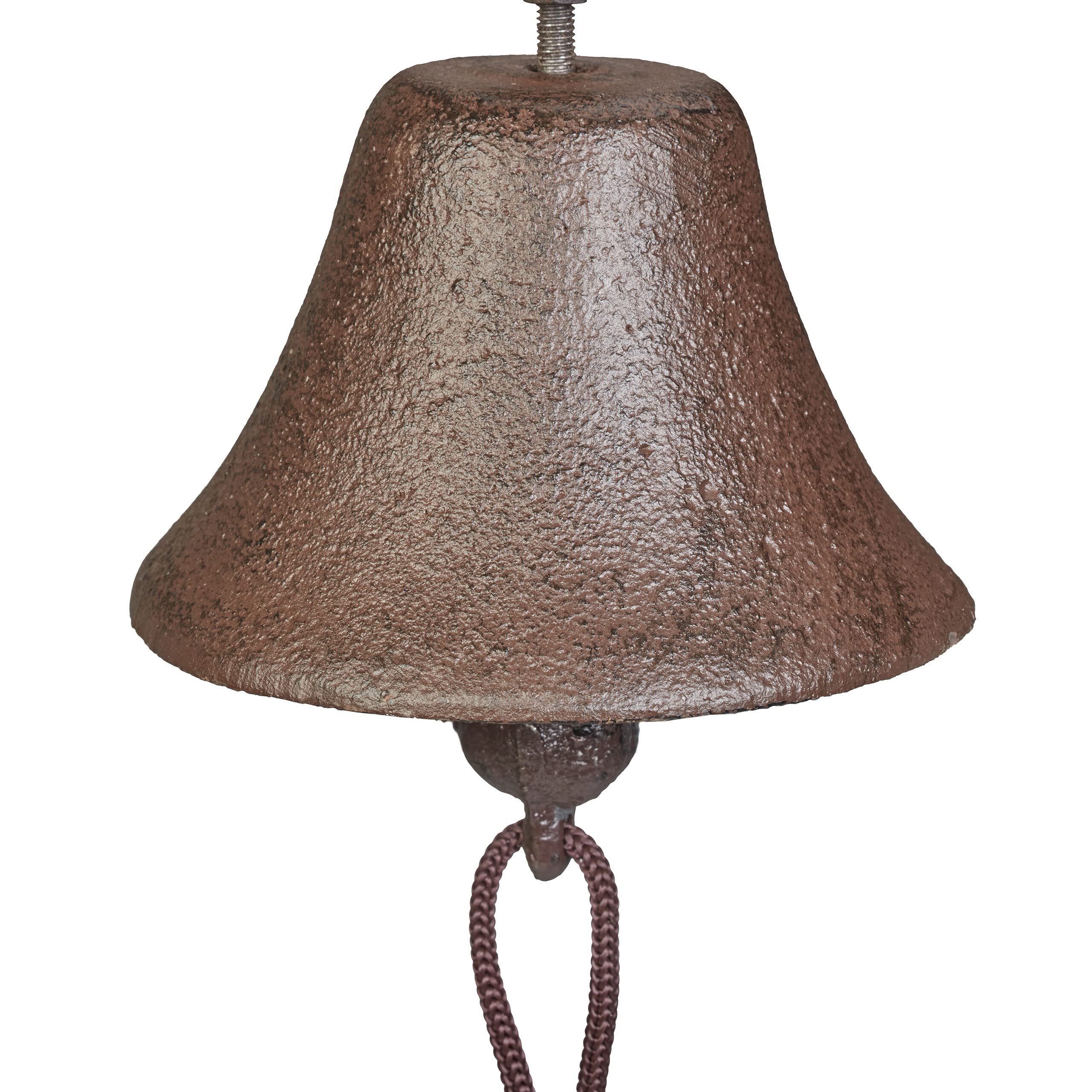 Relaxdays Campanella da Muro in Ghisa, Design Antico, Campana Decorativa con Corda per Esterni, 15,5x10x17,5 cm, Marrone
