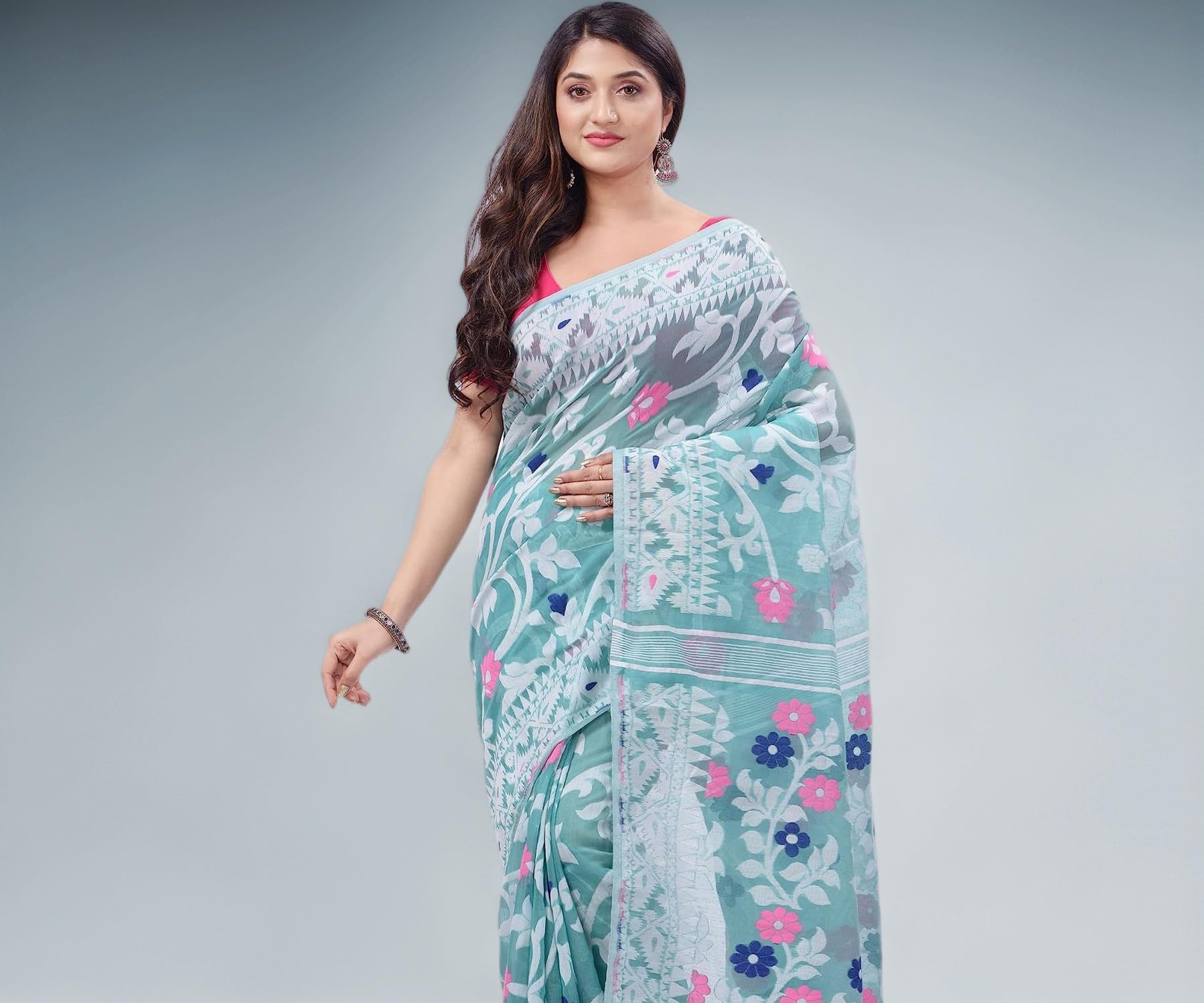 dB DESH BIDESH Women`s Rangabati Resham Dhakai Jamdani Pure Cotton Handloom Saree without Blouse Piece