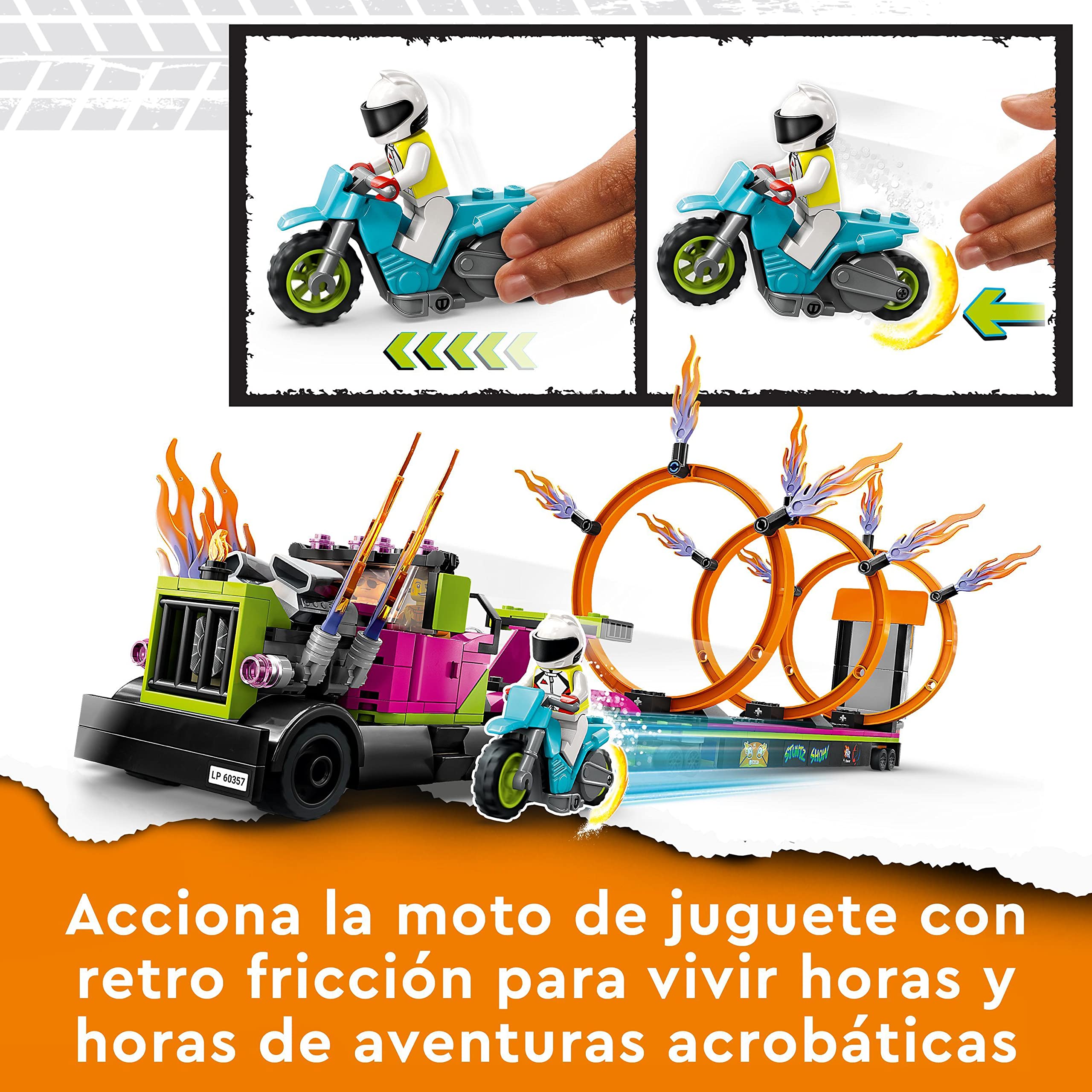 LEGO 60357 City Stuntz Desafío Acrobático: Camión y Anillos de Fuego, Moto de Juguete con Retro Fricción y Mini Figuras, Juegos Divertidos para Niños de 6+ Años