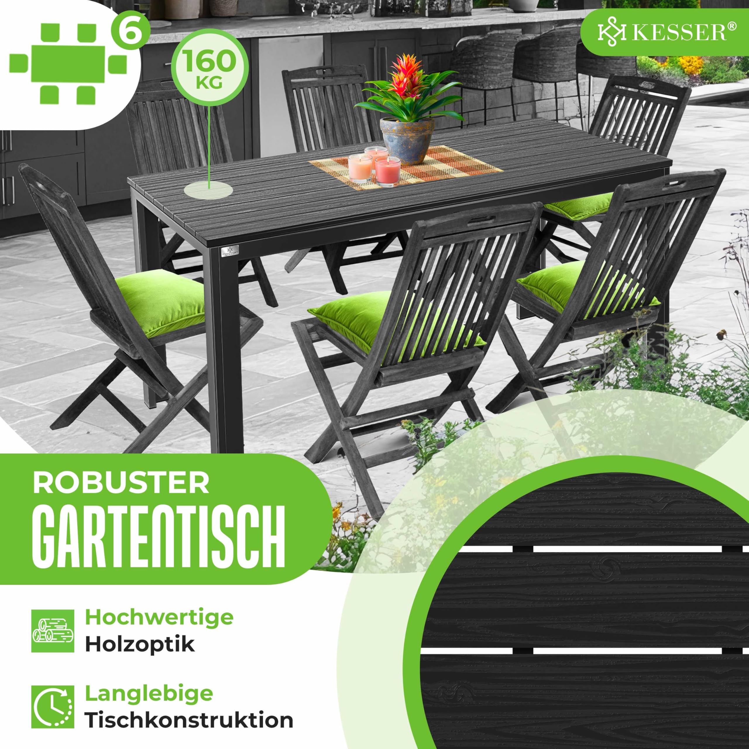 KESSER® Tavolo da giardino 156 x 78 cm, per 6 persone, resistente alle intemperie e ai raggi UV, tavolo da esterno con struttura in acciaio verniciato a polvere e piano in plastica effetto legno, con