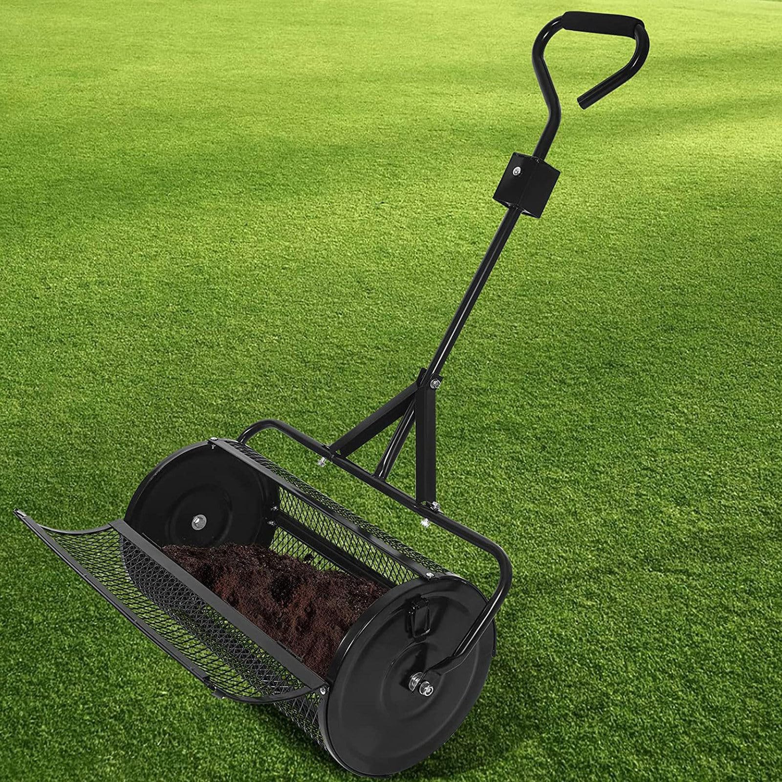 Esparcidor de abono (32 x 60 cm) – Cesta de malla de metal resistente, esparcidor de estiércol de turba y musgo, para plantar semillas, césped, cuidado del jardín, color negro