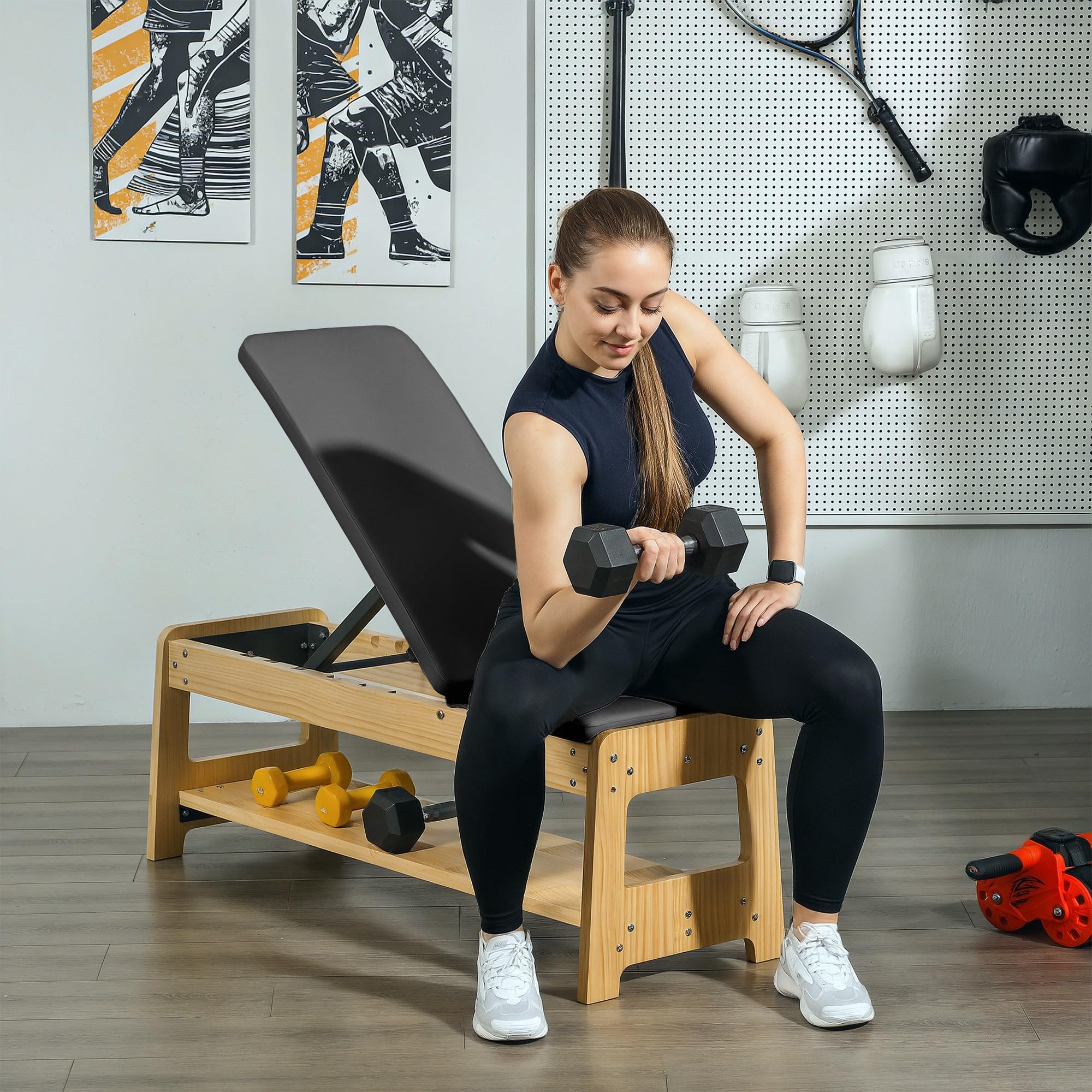Adjustable Weight Bench with Dumbbell Rack Wooden Gym | Flat or Incline Design, Home Gym Weight Lifting Training