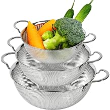 18/8, 100% 304 Stainless Steel Colander Set of 3 with Handles, Micro-Perforated Strainers, 4-6-8 Quart Set, Self-Draining Solid Base for Pasta, Fruits, Vegetables, Made in Korea - COMPORT K