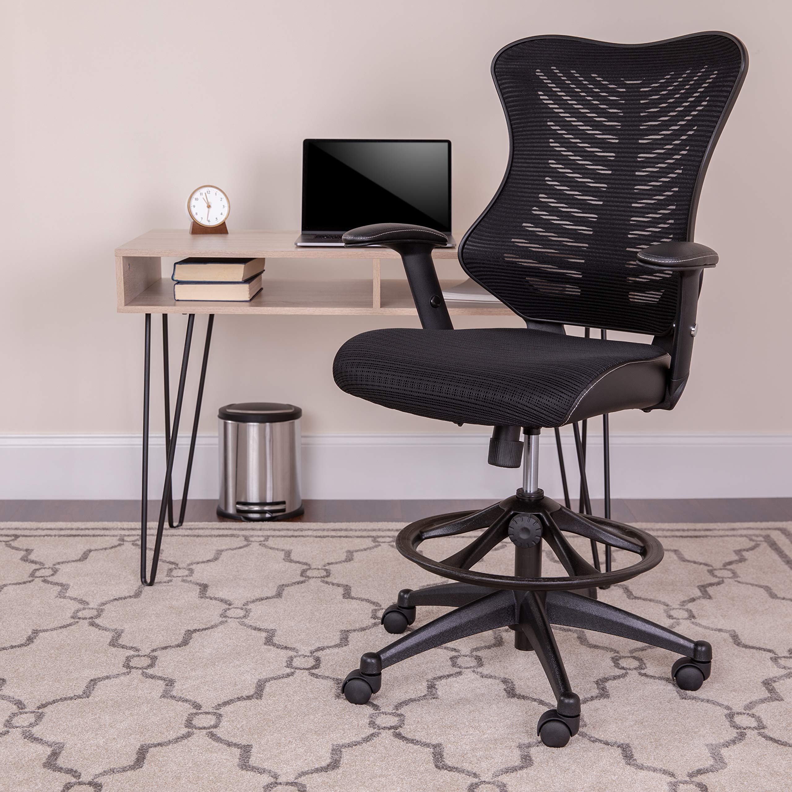 Flash Furniture Waylon High Back Designer Black Mesh Drafting Chair with LeatherSoft Sides and Adjustable Arms