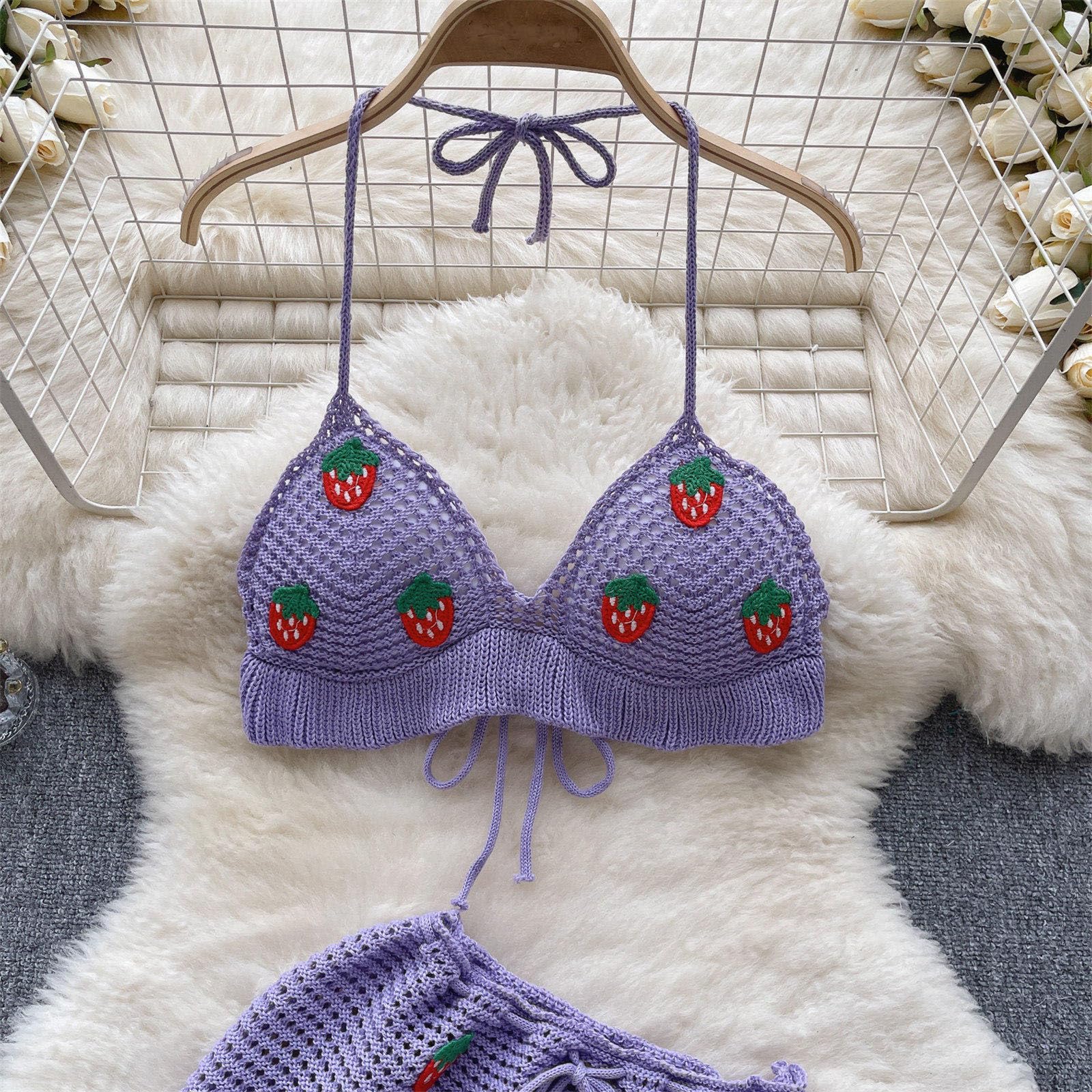 Jilneed Women Crochet Knitted Two Piece Outfit Hollow Out Bikini Halter Top and Mini Skirt Swimsuit Beach Cover Up Set: One Size Purple