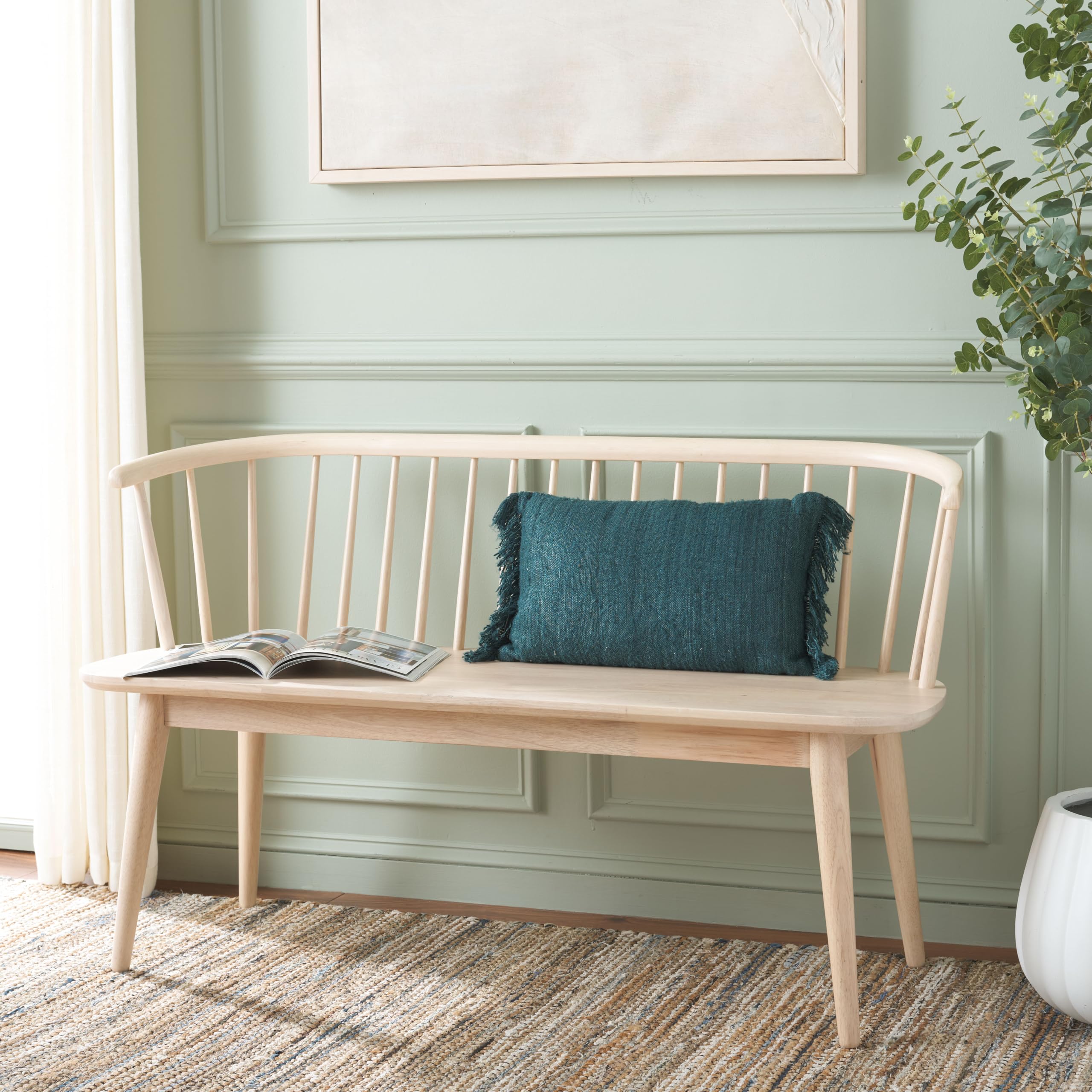 SAFAVIEH Furniture - Blanchard Spindle Bench - White Washed - Solid Wood - Classic Windsor Design - Ideal for Entryway, Bedroom, Dining Room, 17.8" Seat Height (BCH8500J)