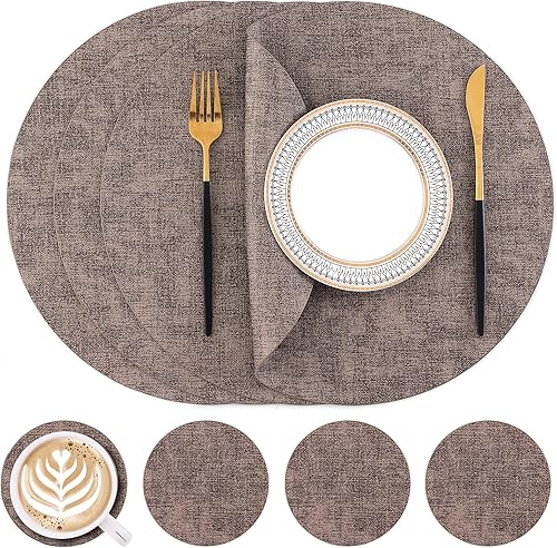 Miniatura 26 de Homaxy - Juego de 6 manteles individuales redondos de piel sintética y posavasos, lavables, de doble cara, manteles individuales de mesa, manteles