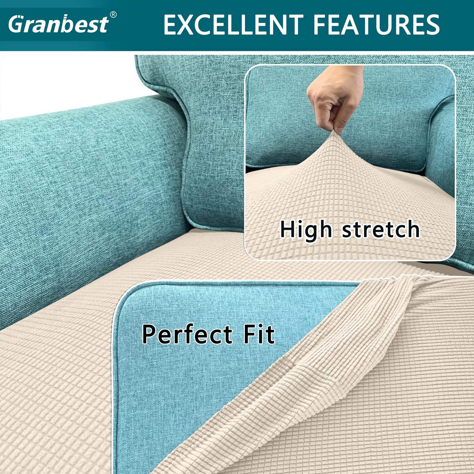 Granbest High Stretch Sofa Seat Cushion Cover Super Soft Couch Seat Cover Sofa Cushion Protector Jacquard Spandex Fabric with Elastic Bottom(3 Seater - Image 4