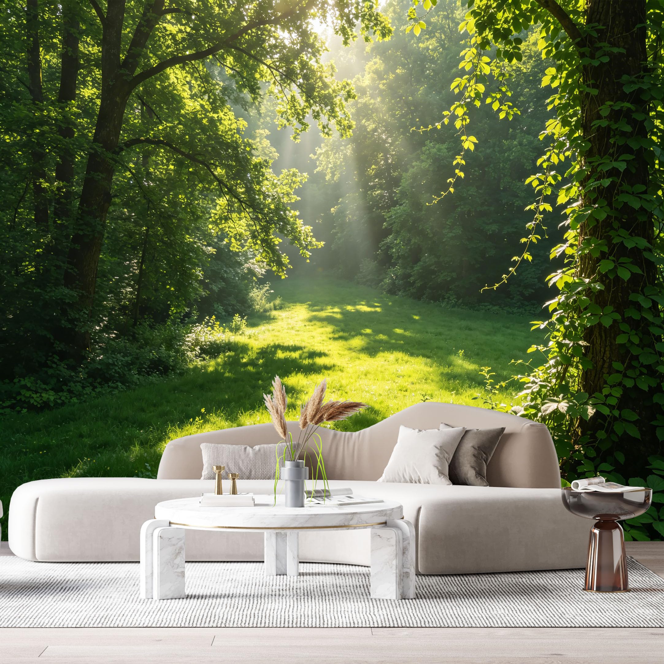 Custom Size Wall Murals Sunlit Forest Landscape Botanical Green Trees Morning Light SelfAdhesive Wall Fabric Removable Large Wallpaper for Photo Living Room