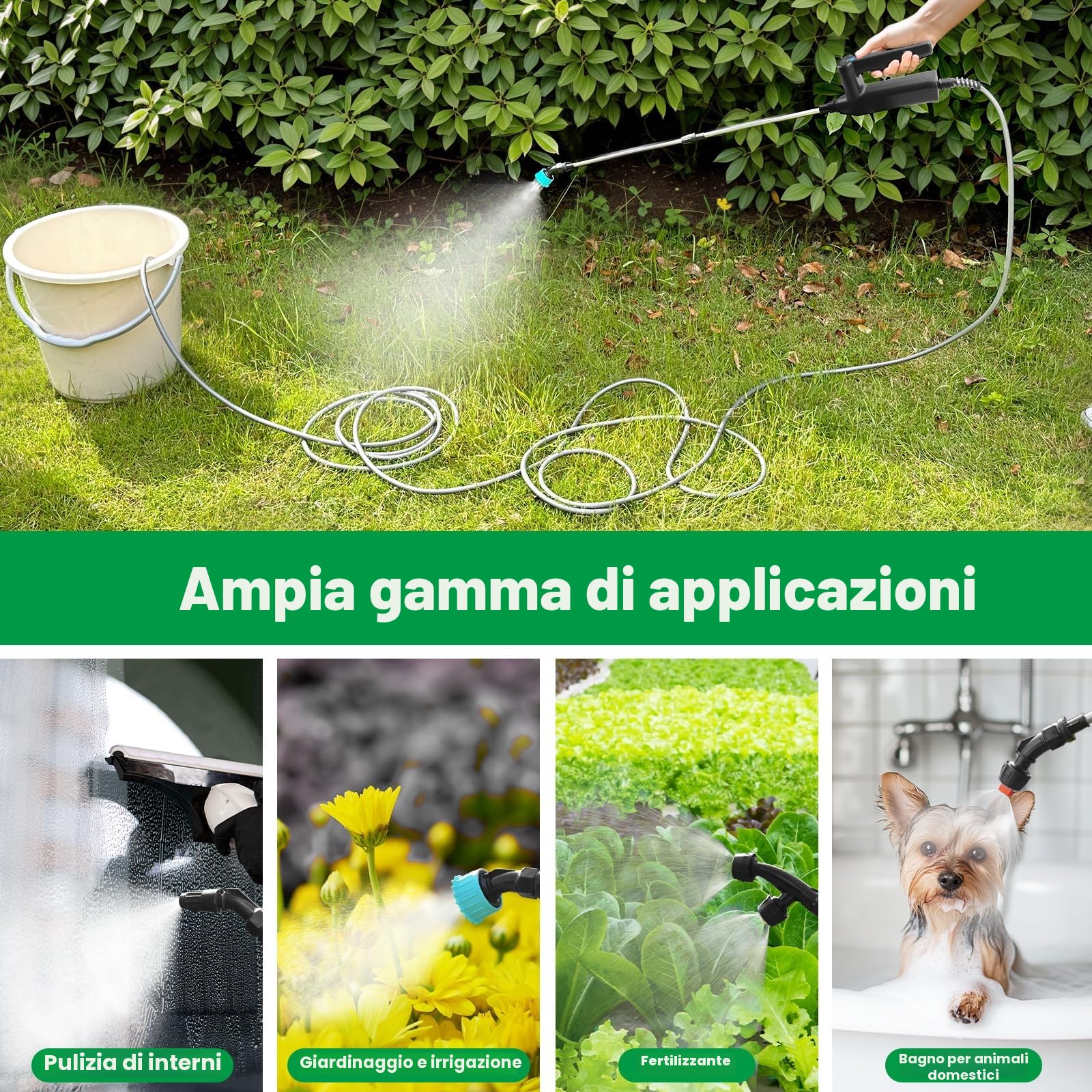 SYLSTAR Pompa Irroratrice a Batteria,3 Velocità di Pompa Irroratrice 8m,7.4V Spruzzatore Forte con Indicatore di Batteria, 4 Ugelli Regolabili Nebulizzatore Piante con 60CM Asta Telescopica