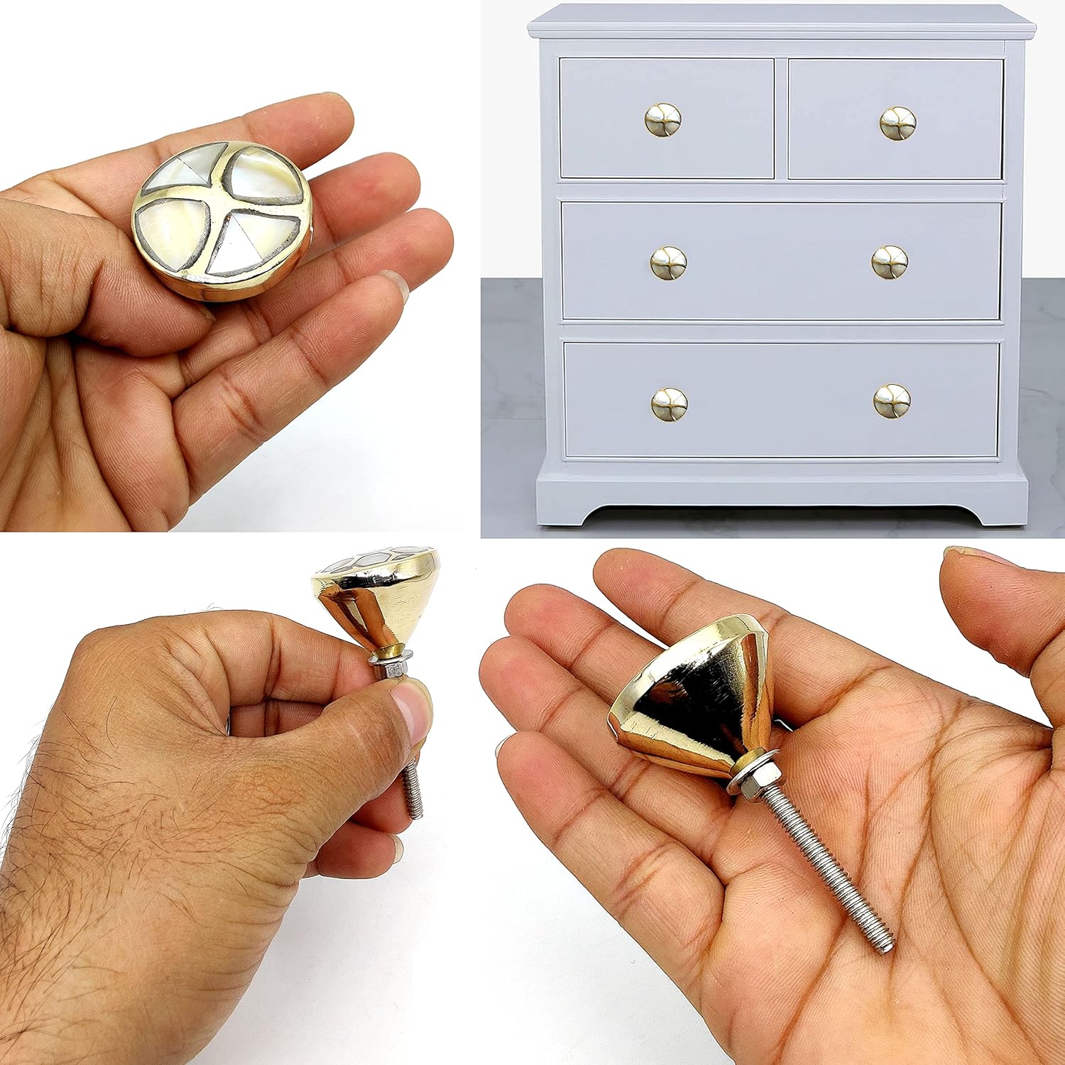 5MOONSUN5's Brass Mother of Pearl Door Knobs/Drawer Pulls Dresser Door Knobs/Pull and Push Handle for Cabinets, Wardrobes & Kitchen Grey knobs/Handmade Classic Hardware Decor, 35 mm (6)
