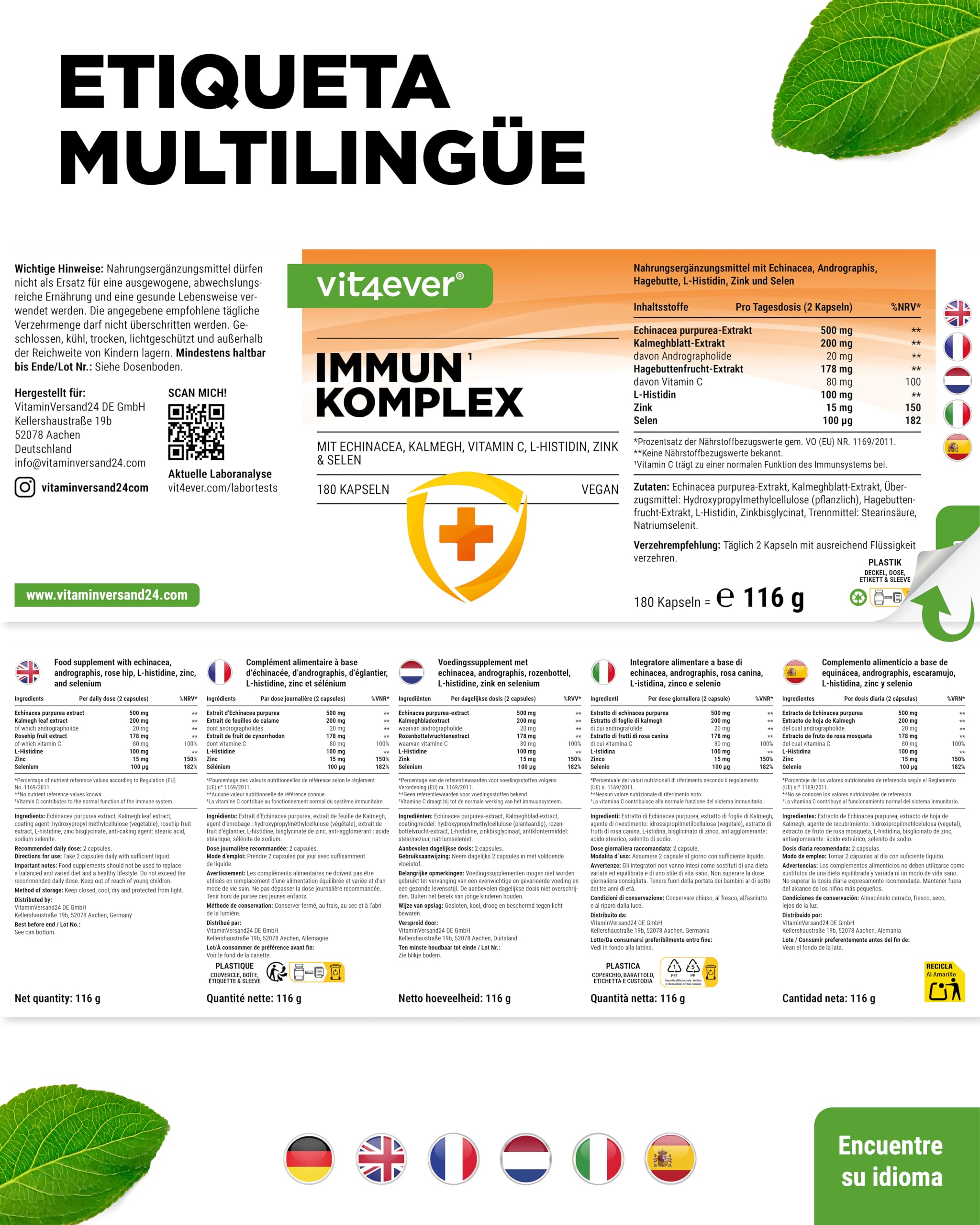 Complejo para el Sistema Inmunitario de alta dosis - 180 cápsulas para 90 días - 500 mg de Equinácea, Kalmegh, Escaramujo, Vitamina C, L-Histidina, Zinc y Selenio - Vegano, sin aditivos innecesarios