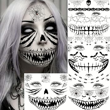 EGMBGM 4 Sheets Scary Halloween Face Temporary Tattoos For Women Men, 3D Witch Zombie Makeup Kit For Kids Girls Boys Adults, Dia de los muertos Day of the Dead Makeup Face Tattoos Spider Web Bat Scar