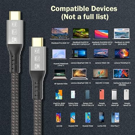 USB C Thunderbolt 4 Cable 40Gbps, High Speed Type-C Data Cables, 2M | 8K 60Hz Video/ 240W Charging, Compatible Thunderbolt 3/ USB4/USB3.2, for MacBook, SSD, all USB-C Device