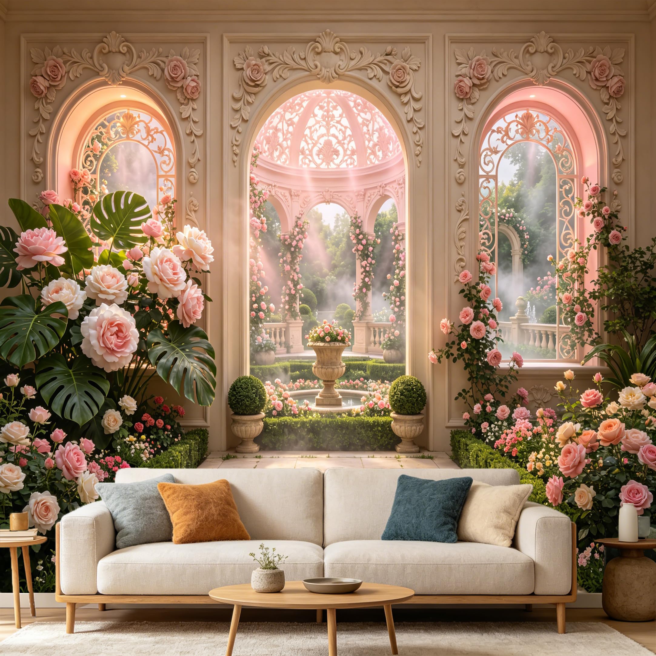 Custom Size Wall Mural， European Neoclassical Archway Pink Rose Garden Palace 3D Perspective， SelfAdhesive Art Prints wall Fabric Removable Large Wallpaper Home Living Room Decor