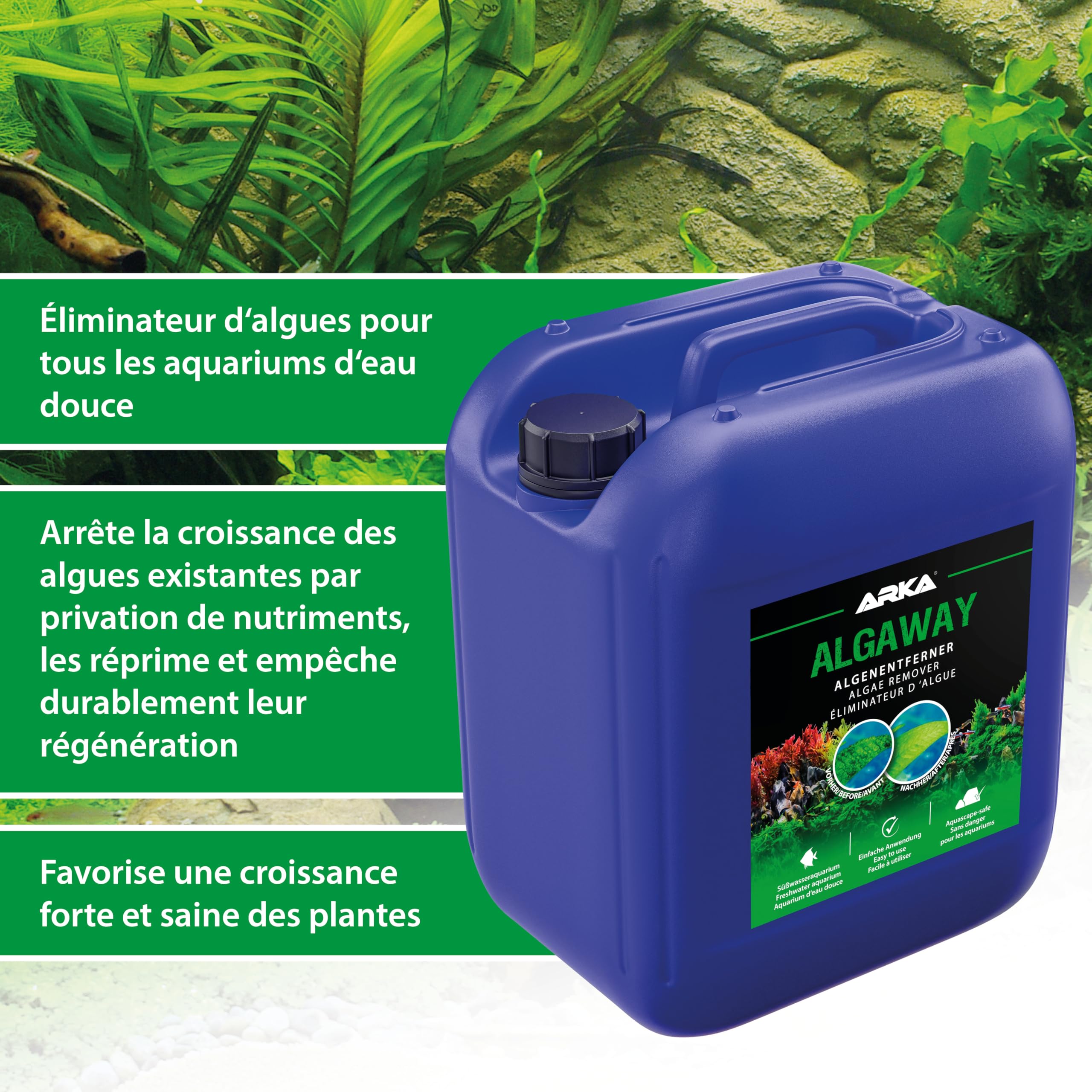 ARKA Algaway Éliminateur d’algues Aquarium 5 L – Traitement Anti-algues filamenteuses, Vertes & encroutantes – sans cuivre, sûr pour Plantes