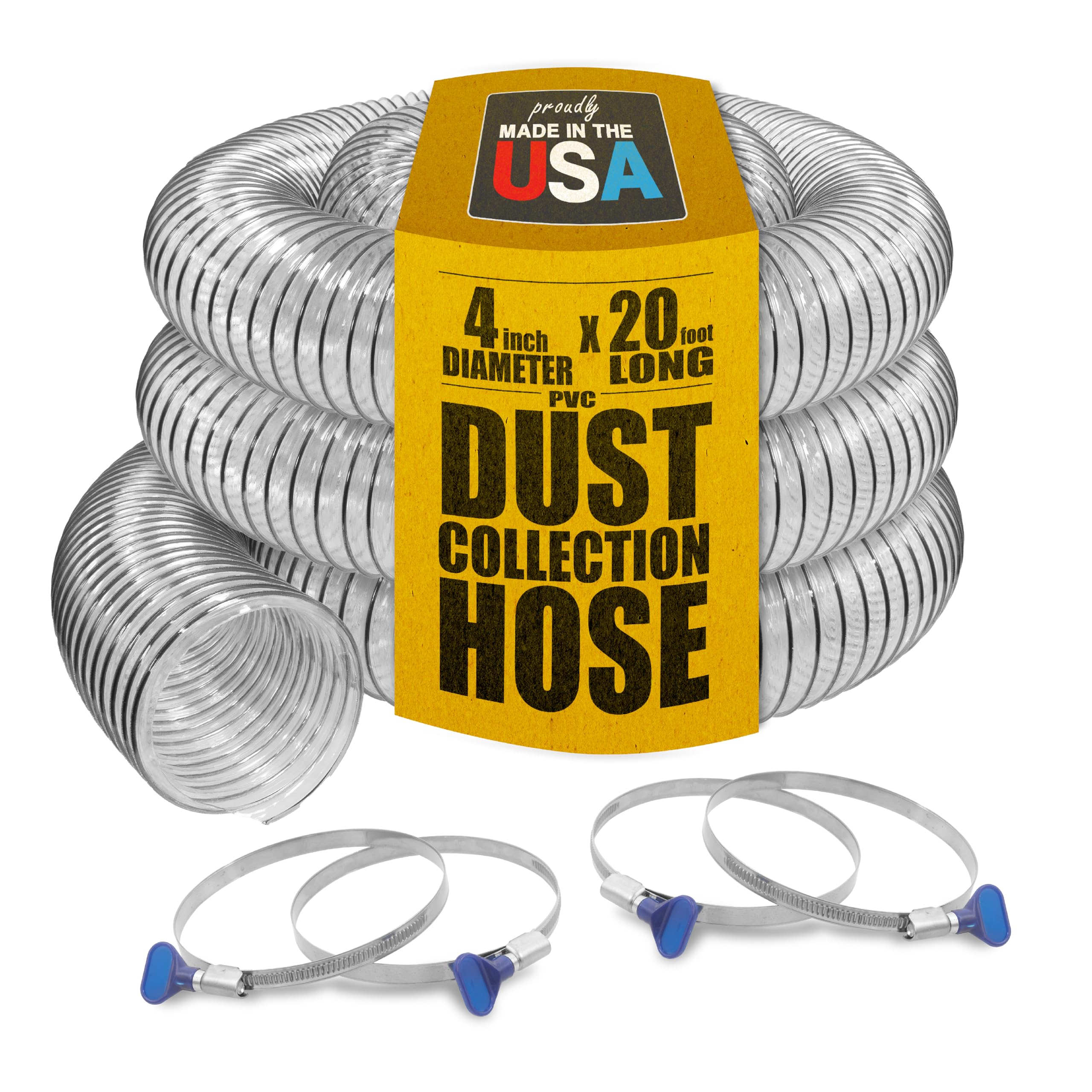 PVC Dust Collection Hose w/4 Thumbscrew Clamps, Puncture Resistant, Carbon Steel Wire, Clear Flexible PVC Dust Collector Hose, Proudly Made in USA (4" x 20')