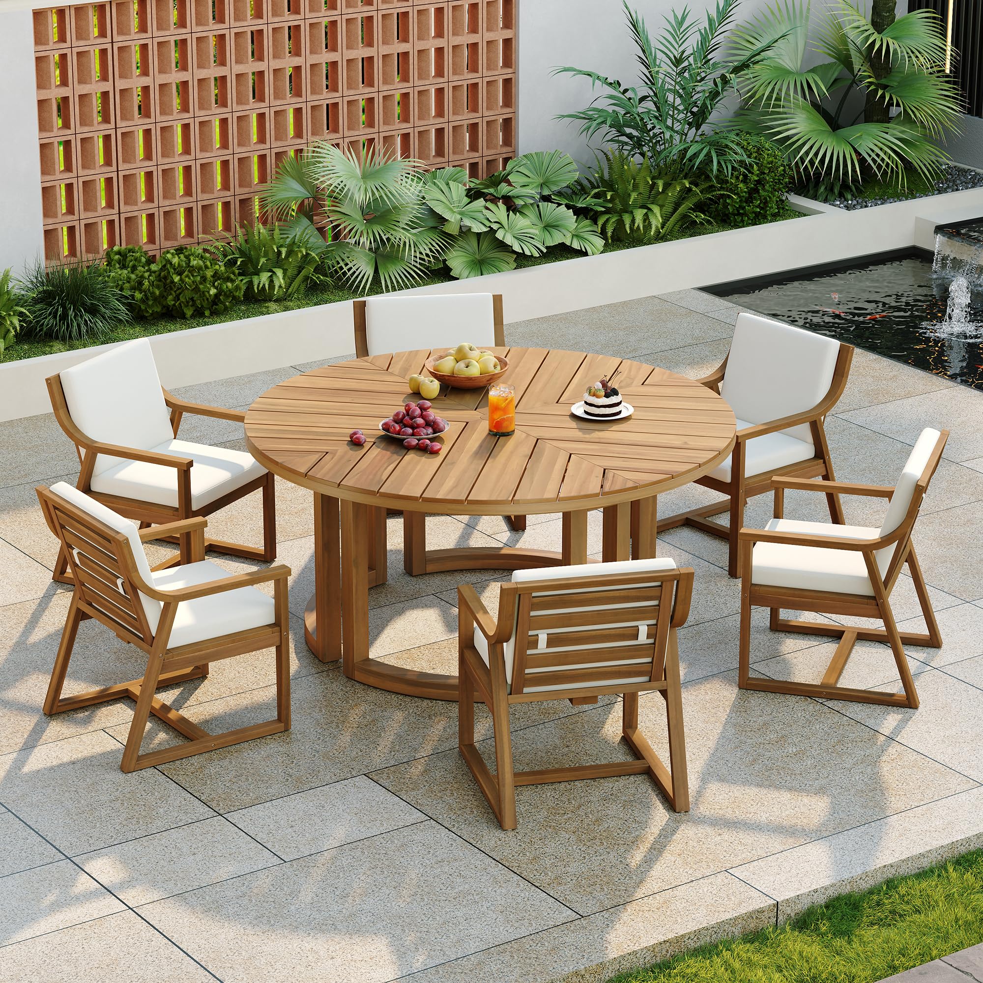 VilroCaz Acacia Wood Outdoor Dining Set for 6, All-Weather Outdoor Round Dining Table with 1.96" Umbrella Hole and 6 Armchair& Removable Cushions for