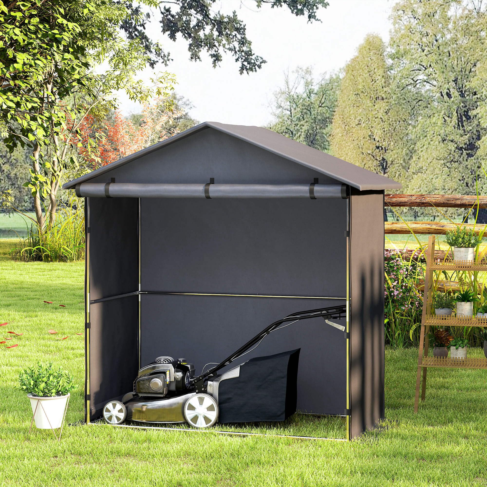 Outsunny Tente de Garage 1,1x2 m avec entrée Enroulable, Cordes et piquets, Acier galvanisé et Oxford 420D Tente de Garage extérieure, pour vélos et Outils de Jardin, UV30+, Gris foncé