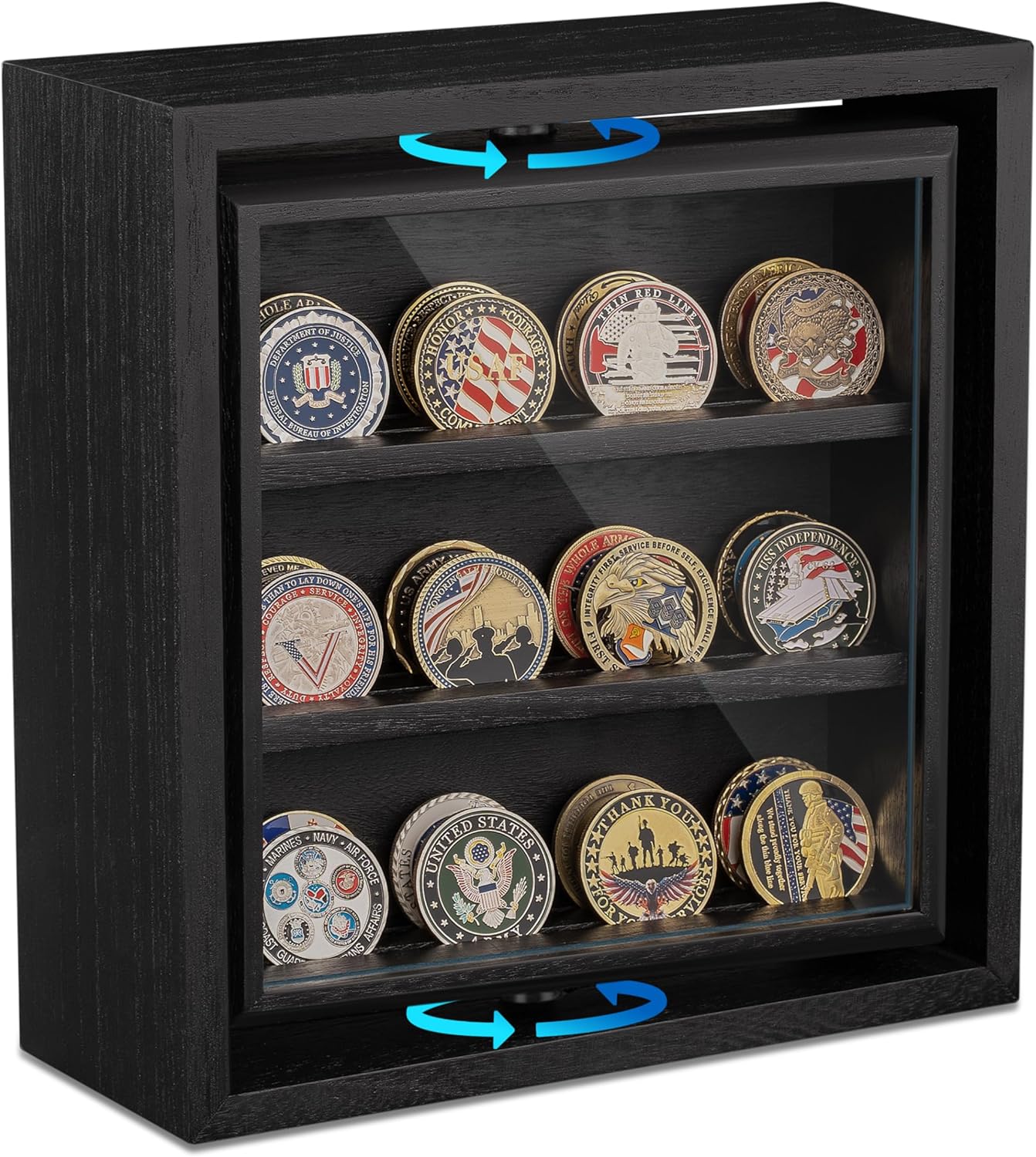 Emfogo Double-Sided Rotating Challenge Coin Display, Wooden Military Coin Holder Holds 33 Coins for Desktop, 6-Row Display Stand for Honoring Veterans & Collectors (Black)