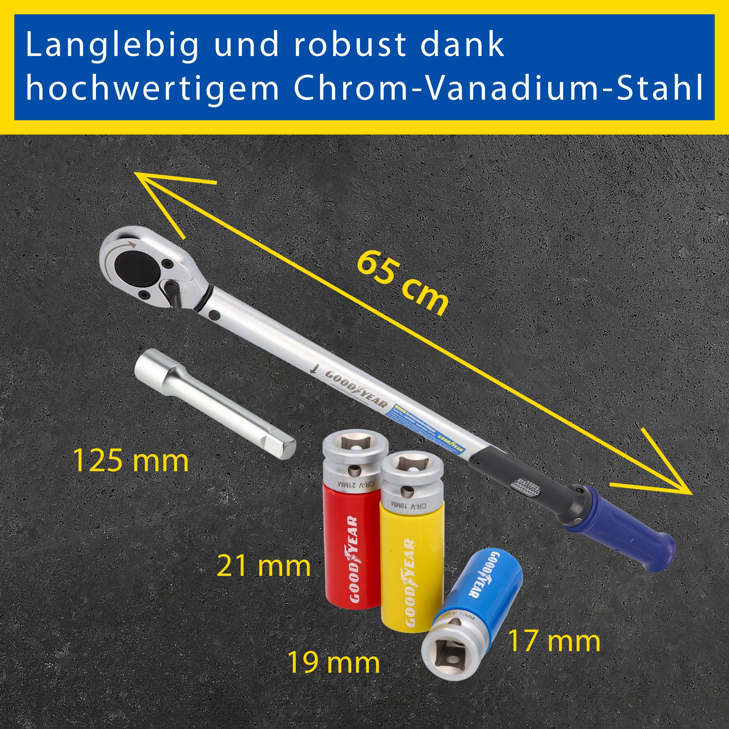 Goodyear Juego de cambio de ruedas, 11 piezas, llave dinamométrica + juego de 3 llaves de vaso + extensión + varios accesorios, caja negra