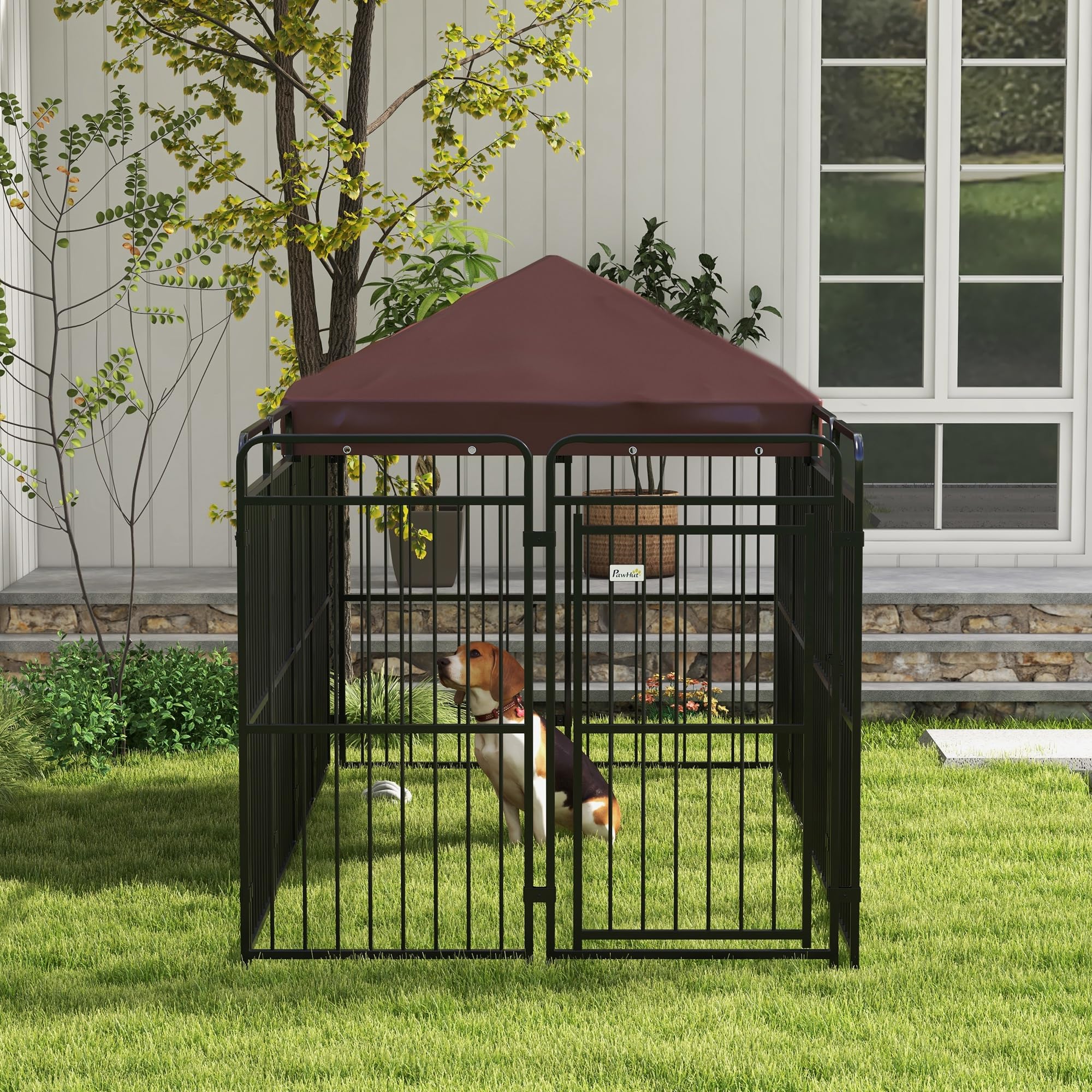 PawHut Zwinger für Hunde im Freien, Hundezwinger mit wasserdichtem Anti-UV-Dach, Metallkäfig für große Hunde, 282x141x159cm, braun
