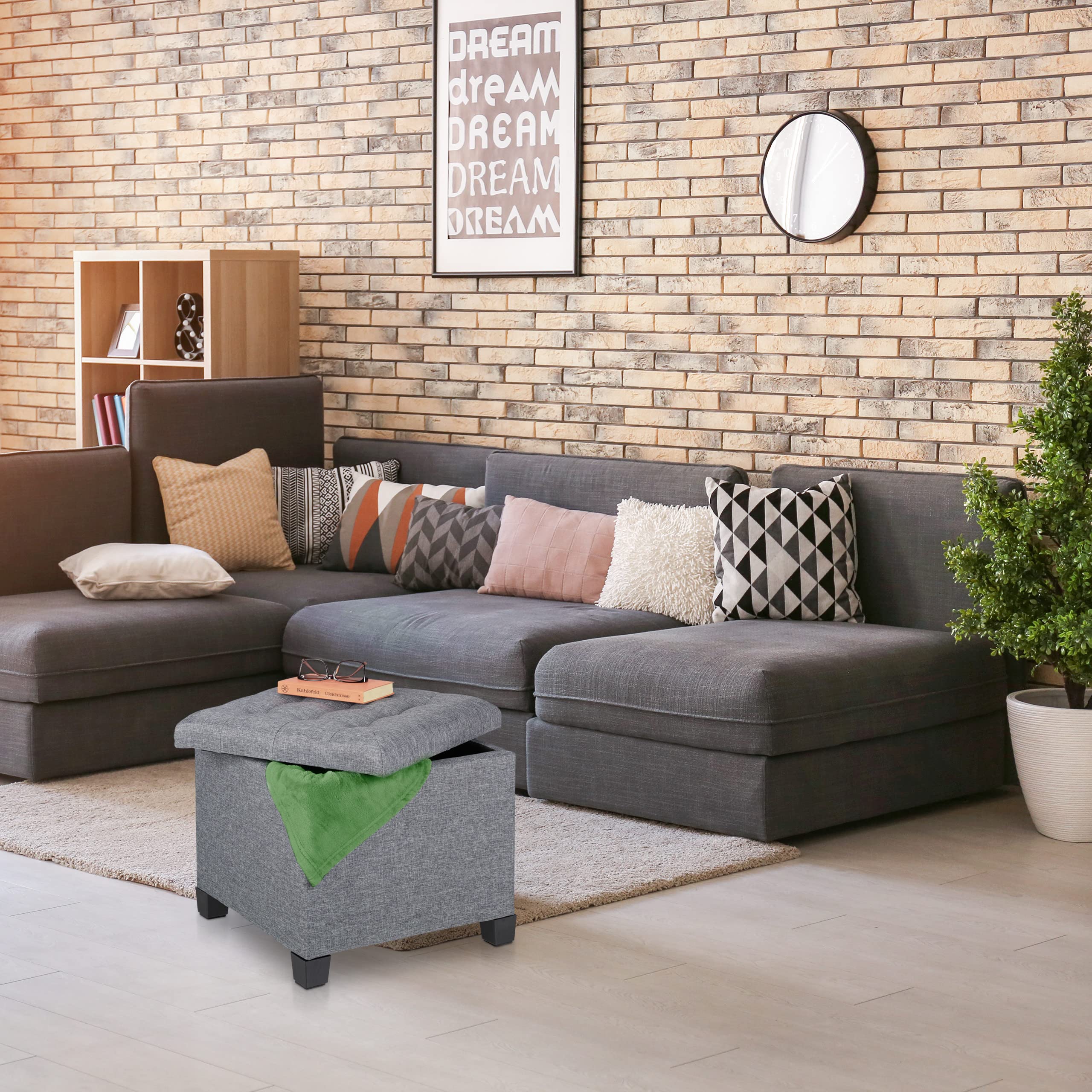 Relaxdays Taburete con Almacenaje, Reposapiés Sofá con Tapa, Asiento Acolchado, Tapizado, Cubo, 42 x 45 x 45 cm, Gris