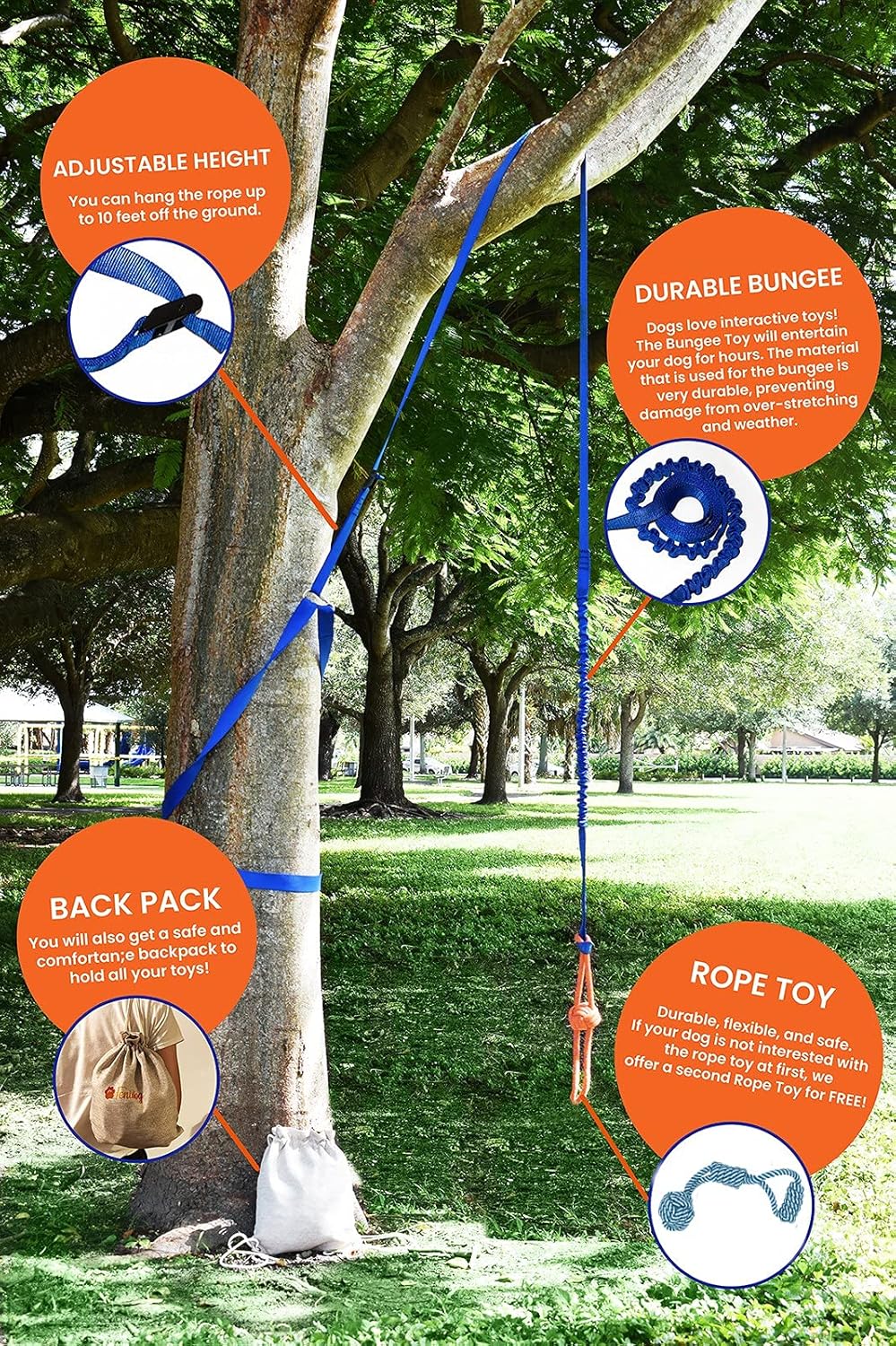 Outdoor Bungee Hanging Dog Toy, Interactive Tether Tug Toy for Pitbull & Small to Large Dogs, Ideal for Exercise & Solo Play, Play Tug War, Extra Durable & Safe with 2 Chew Rope Toys