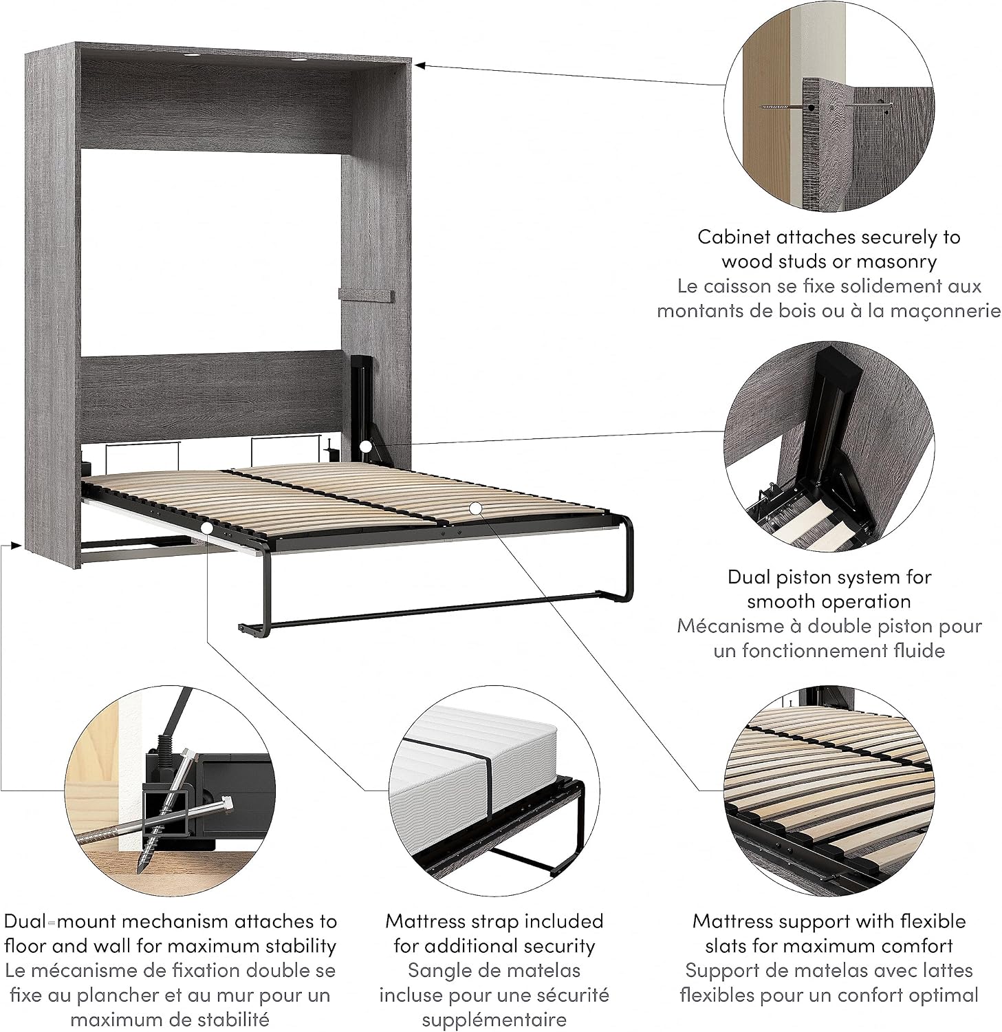 Bestar Cielo 60W Full Murphy Bed in Bark Gray and White, Sleeping Arrangement for Multipurpose Room