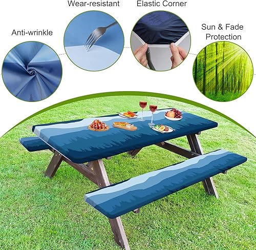 Miniatura 5 de ICOSY Mantel de picnic con fundas de banco de 30 x 72 pulgadas, resistente al viento, mantel rectangular ajustable para mesas de 6 pies, accesorios
