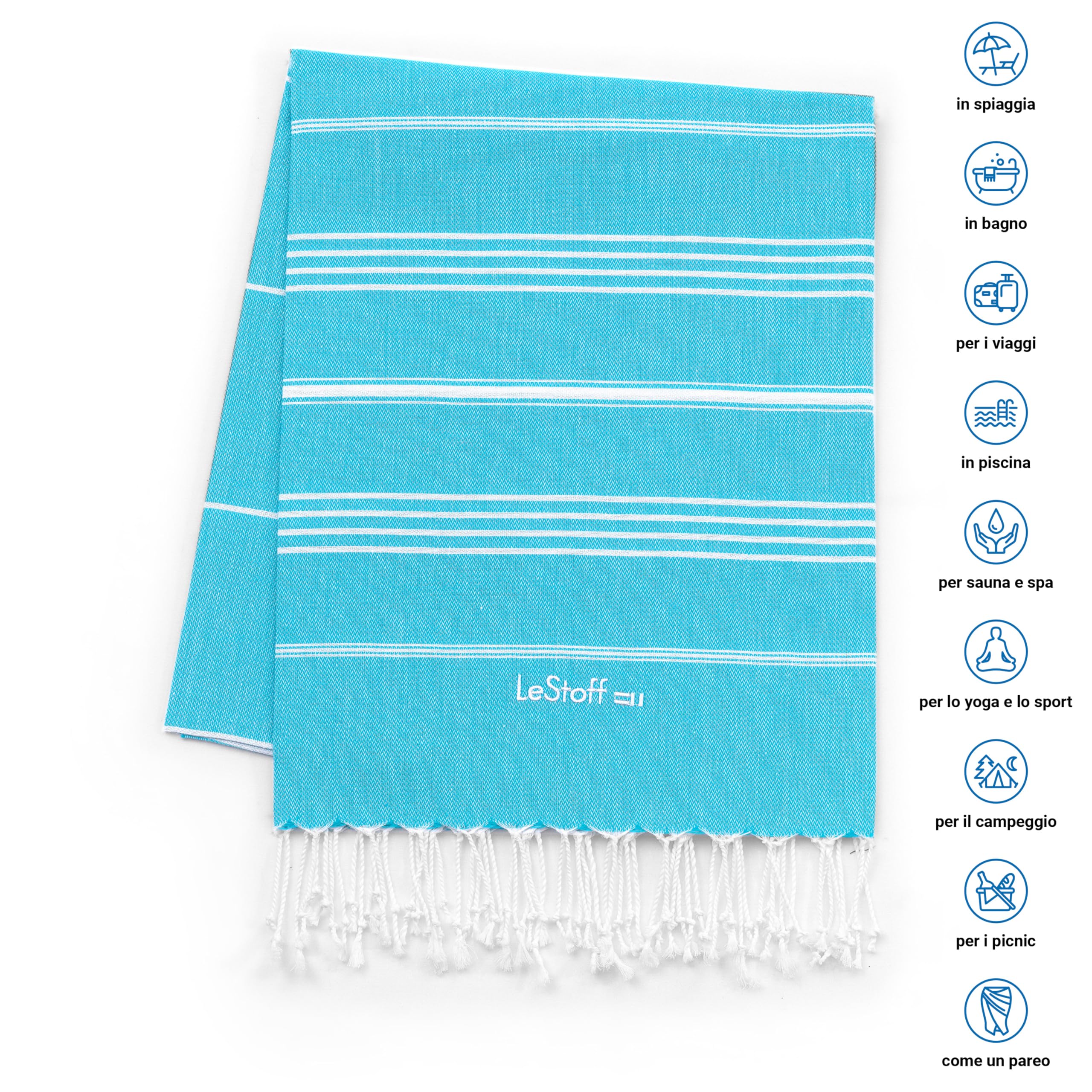 LeStoff Telo mare - 100% Cotone bio, 95 x 180 cm, Prelavato, Assorbente, Asciugatura Rapida, Leggero, Fouta, Telo Spiaggia, Telo Bagno, Telo Yoga, Telo Sauna, Asciugamano Sportivo, Coperta (Aqua)
