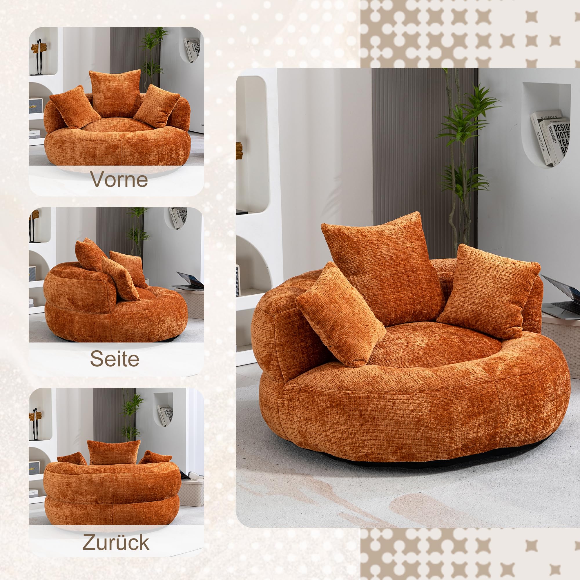 Lazy Sofá de chenilla con respaldo alto, puf con 3 cojines, sillón grande para adultos y niños, silla de juegos suave para salón, dormitorio y oficina, color naranja