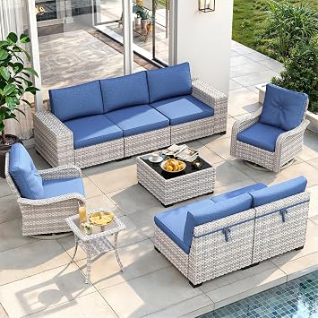 9 Piece Outdoor Wicker Patio Furniture Set with Swivel Chairs | Patio Conversation Set with 4" Thickened Cushions & Coffee Table, All-Weather Rattan for Garden, Backyard, Porch, Blue
